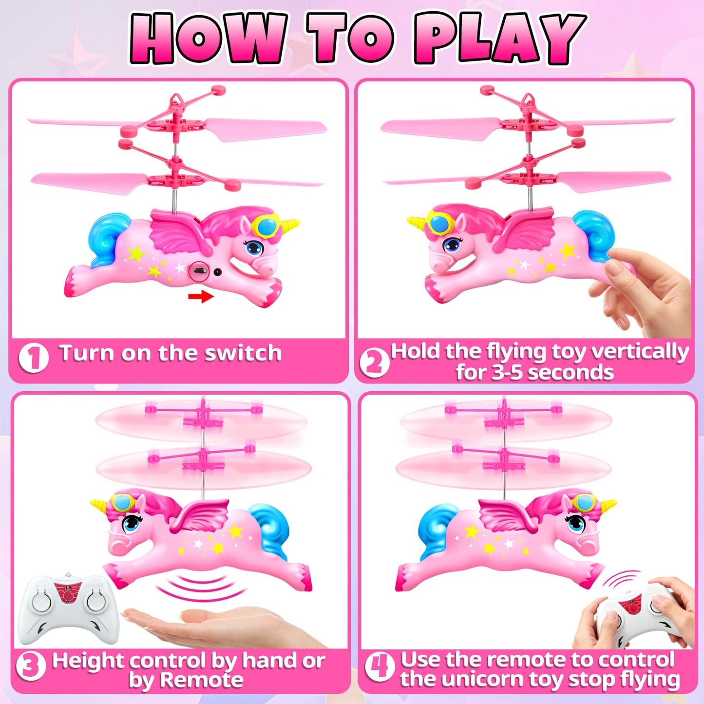 Bloolilies Flying Unicorn Toys for Girls, Magic Flying Fairy Toy Rc & Hand Controlled Unicorn Mini Drone Helicopter Toy with LED Light for Girls Age 6 7 8 9 10 11 12 Years Old Birthday Gift for Kids