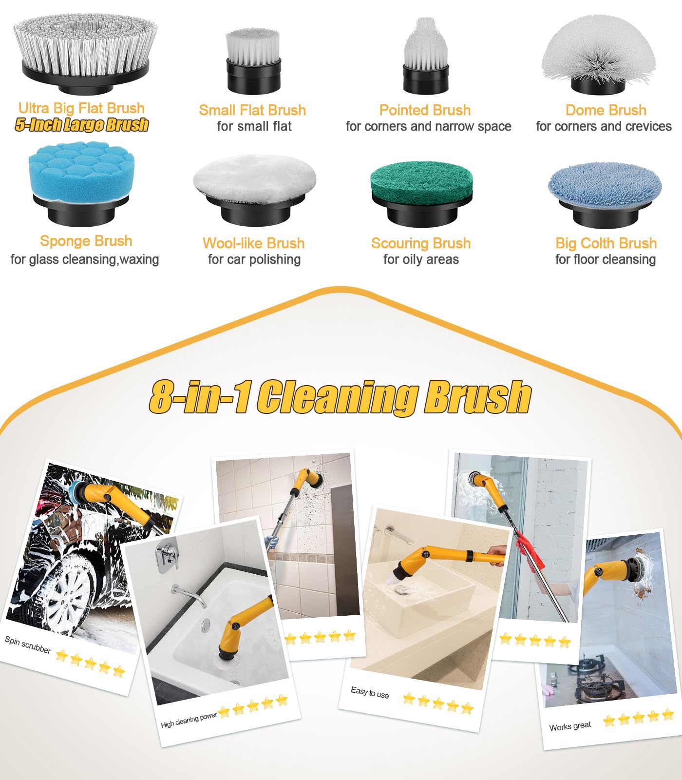 Qimedo Electric Spin Scrubber Extra Large Brush Q3,6000 mAh Best Battery Power Scrubber for Cleaning,1200RPM Shower Cordless Cleaning Brush with 8 Brushes for Bath/Tub/Tile/Floor (Smart Display)