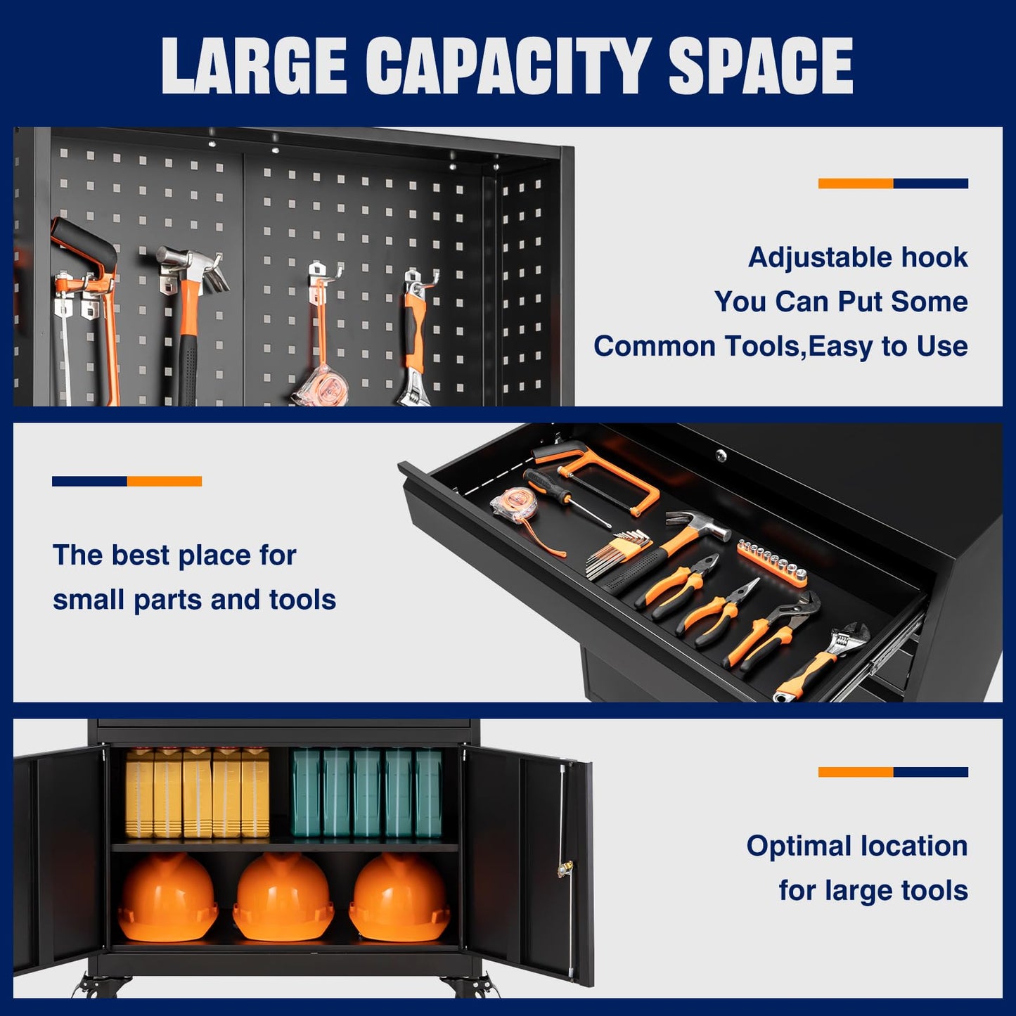 Yizosh Metal Garage Storage Cabinet with Wheels,3-Drawer Rolling Tool Cabinet with 2 Door and Adjustable Shelves,- 71" Steel Tool Cabinet for Warehouse,Garage,Workshop