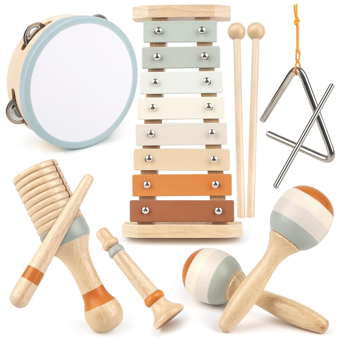 Musical Instruments - 6 in 1 Wooden Musical Toys for 2 3 Year Old Boy & Girls Birthday Gifts, Neutral Colors with Modern Boho Xylophone for Toddler Preschool Educational Toy for Baby 18+ Months