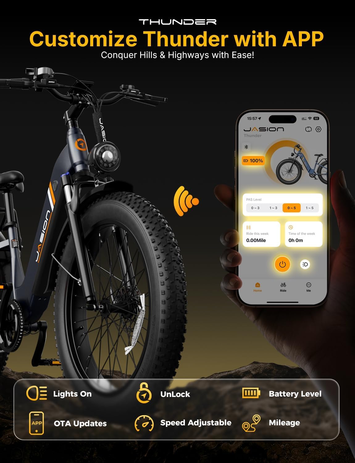 Jasion Thunder Electric Bike for Adults,1800W Peak,26''x 4''Fat Tire E Bikes,80 Miles with 864Wh Removable Battery Ebike, 30+MPH Max Speed Bicycles,Hydraulic Brakes,Front Suspension