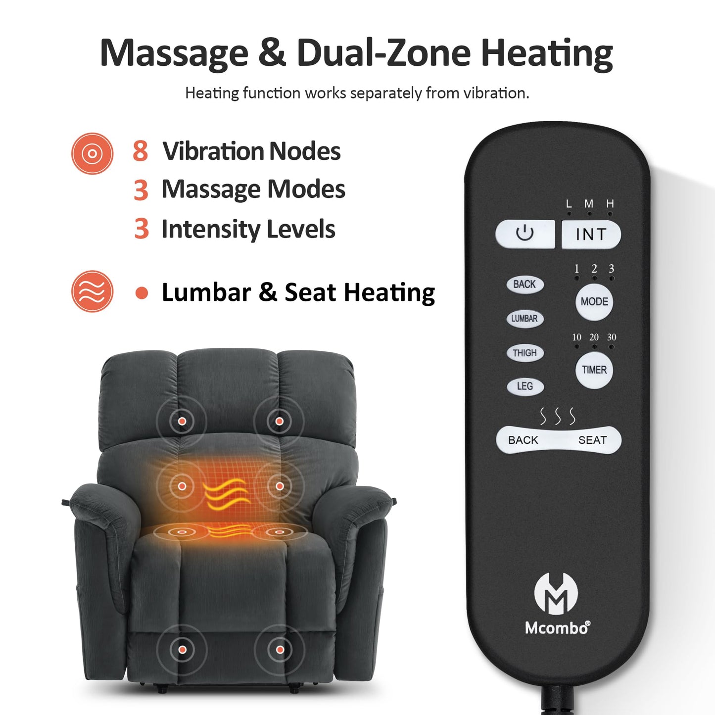 MCombo Large-Wide Dual Motor Power Lift Recliner Chair, Massage and Dual Heating for Elderly People, Infinite Position, Fabric R7166 (Dark Grey)