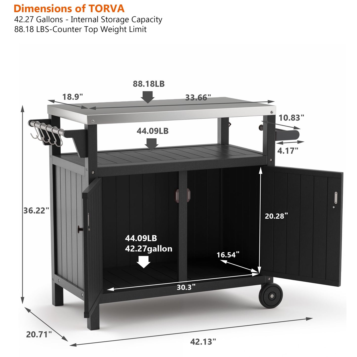TORVA Portable Outdoor Grill Prep Table with Storage, Waterproof Outdoor Grill Cabinet, Stainless-Steel Tabletop Outdoor Kitchen Island, BBQ Cart with Wheels, Hooks and Side Shelf | Black