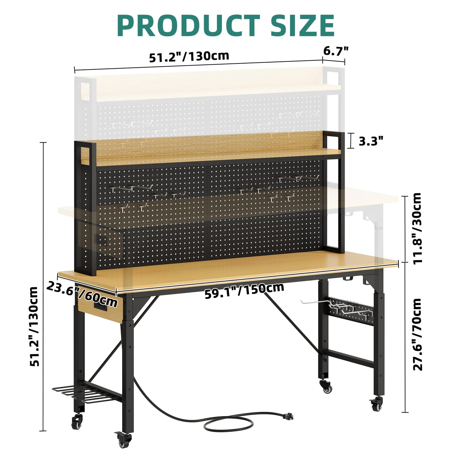 YITAHOME 60" Adjustable Workbench with Pegboard, Wheels & 1600 LB Capacity, Rolling Work Table with AC/USB Outlets, Hooks, and Rack, Heavy-Duty Work Bench for Garage, Workshop, Office, or Home