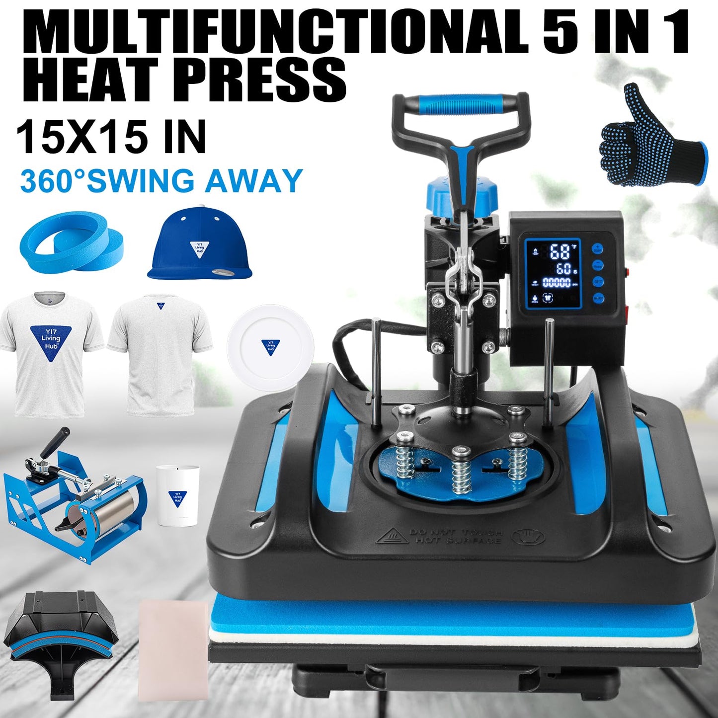 Leomru 5 in 1 Heat Press Machine, Heat Press 15x15, Multifunction T Shirt Press Machine, 360-Degree Swing Away Sublimation Heat Press Machine for T-Shirt Mugs Hat Cap Slide Out