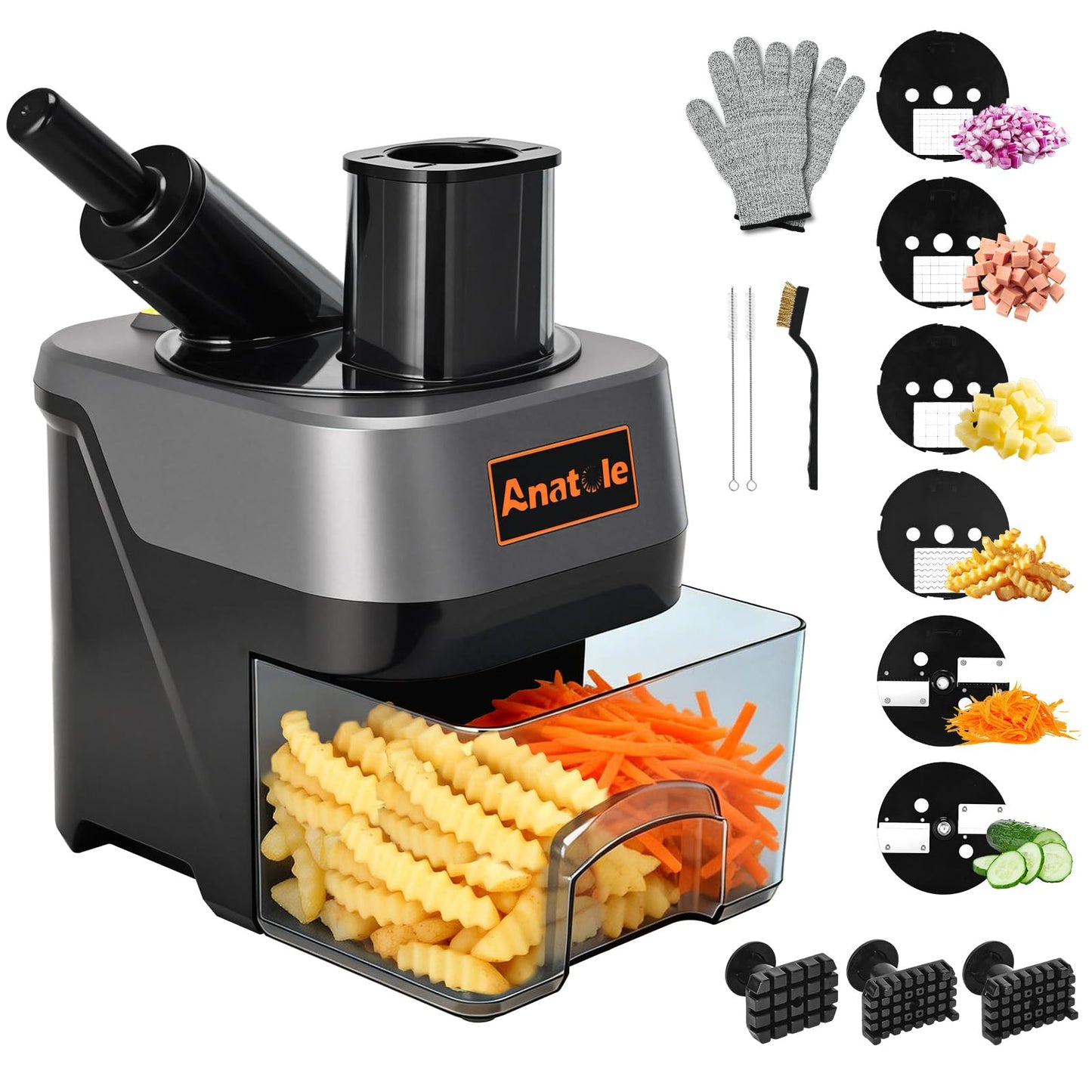 Anatole 6-In-1 Electric Commercial Food Processor Multifunctional Vegetable Chopper Dicer Slicer Shredder Crinkle Cutter Automatic Discharge 2 Food Inlets With Container for Potato Onion 100W 110V