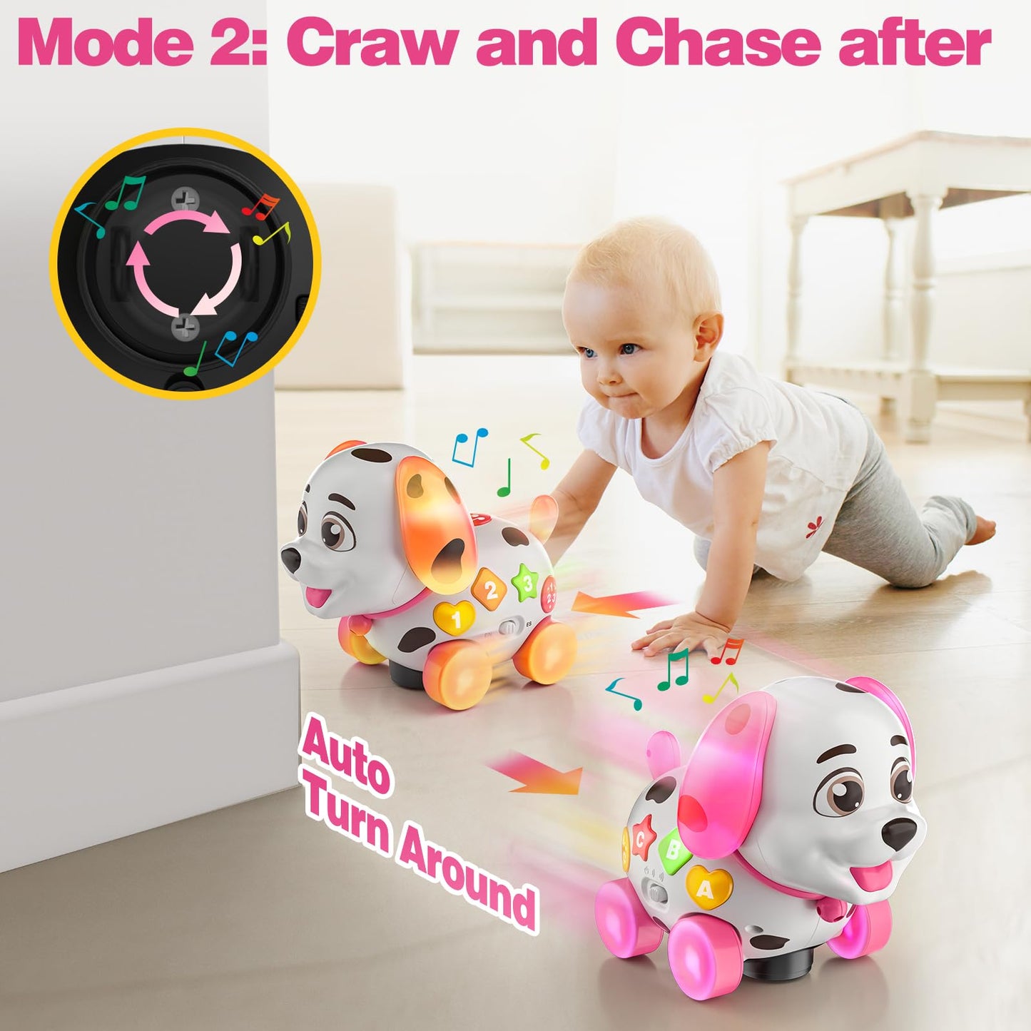 Musical Baby Toys 6-12 Months, 1st Birthday Girl Gifts for One Year Old, 6 7 8 9 10 12-18 Months Toy for Baby Gift, Bilingual Crawling Walking Puppy Toy for 1 Year Old, ABC,123s, Music