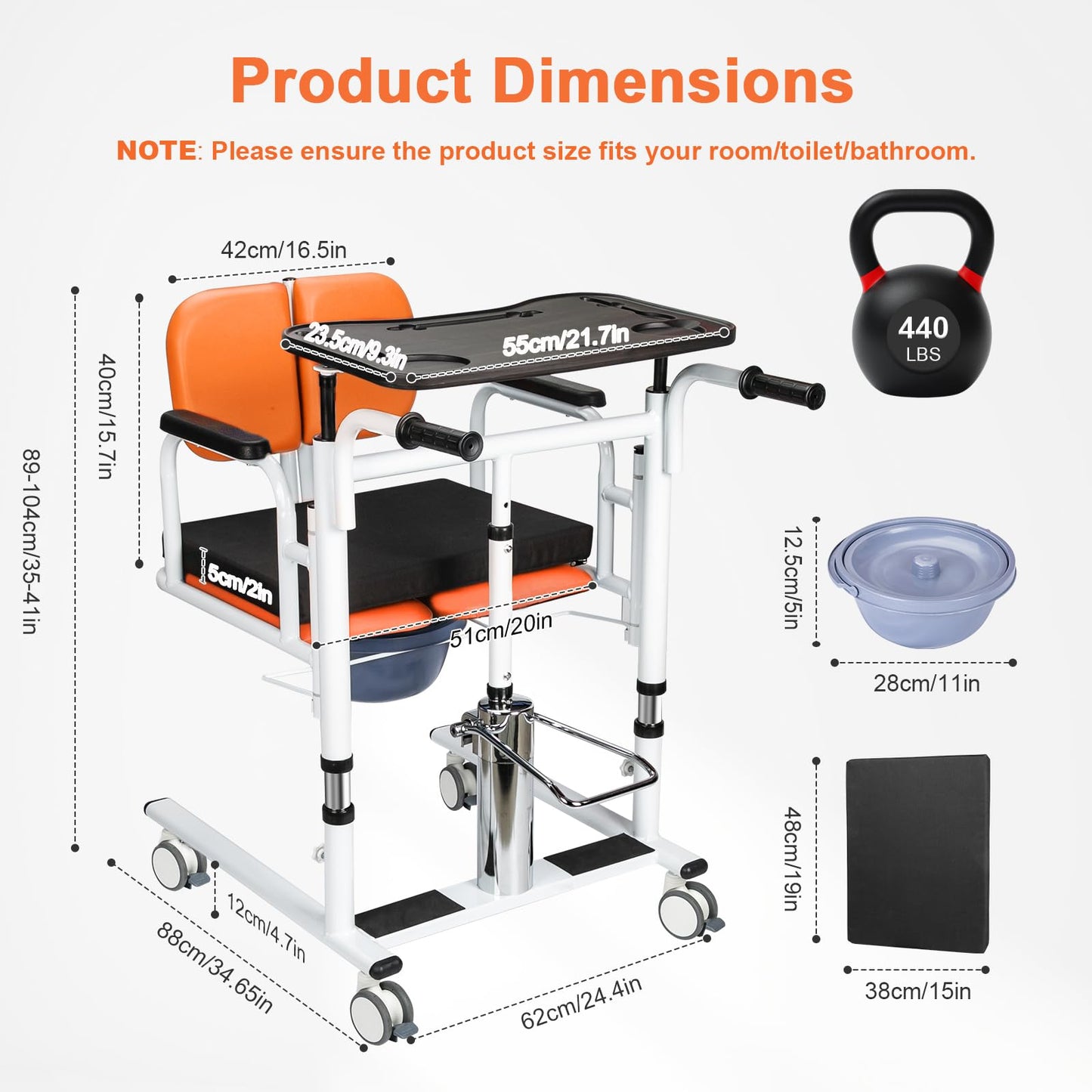 mindmed Patient Lift Transfer Chair for Home, 440lbs Capacity, 4 in 1 Patient Lift Transfer Chair with 180° Split Seat, Upgraded Rod for Height Adjustable, for Elderly Transfer to Bed/Toilet (Orange)