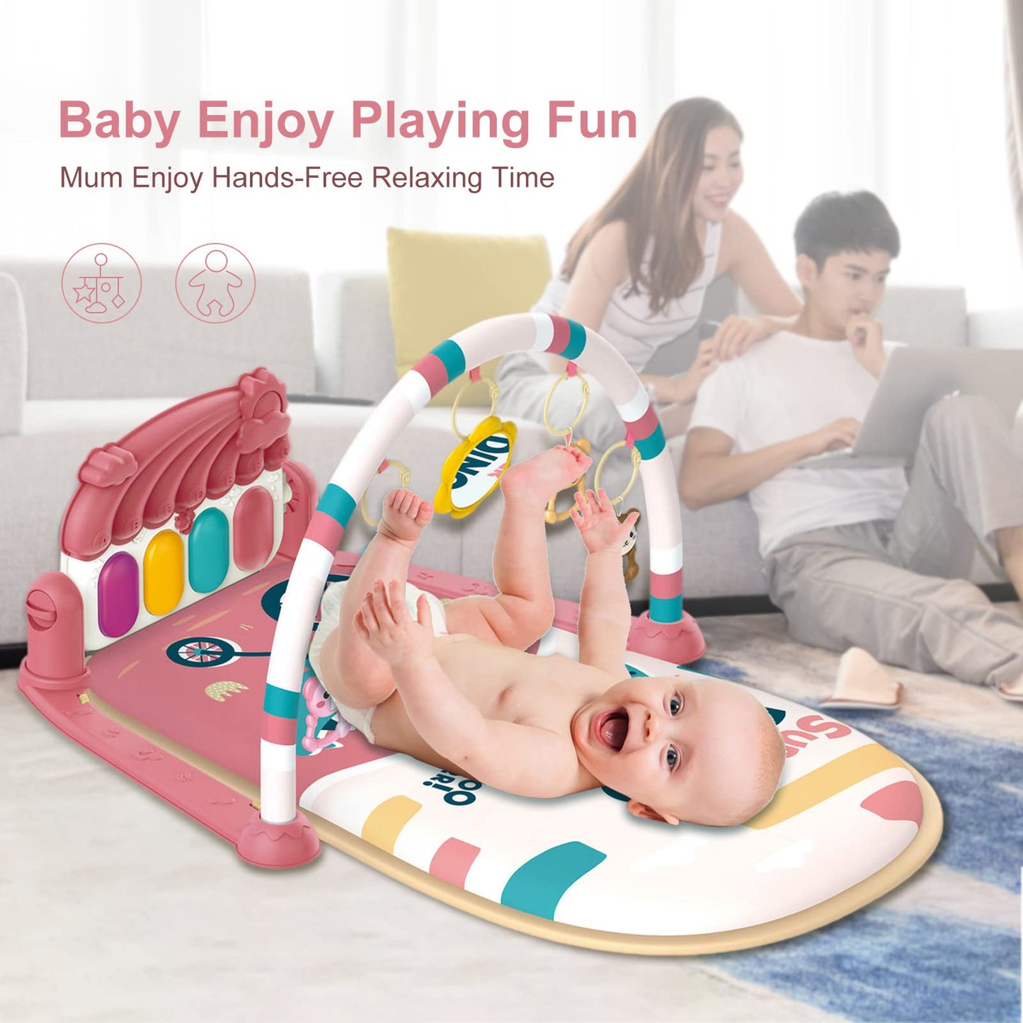 dearlomum Play Mat & Activity Gym, Piano Tummy Time Gym Mat with 5 Infant Sensory Toys, Music and Lights, Gifts for Newborns 0–12 Months (Pink)
