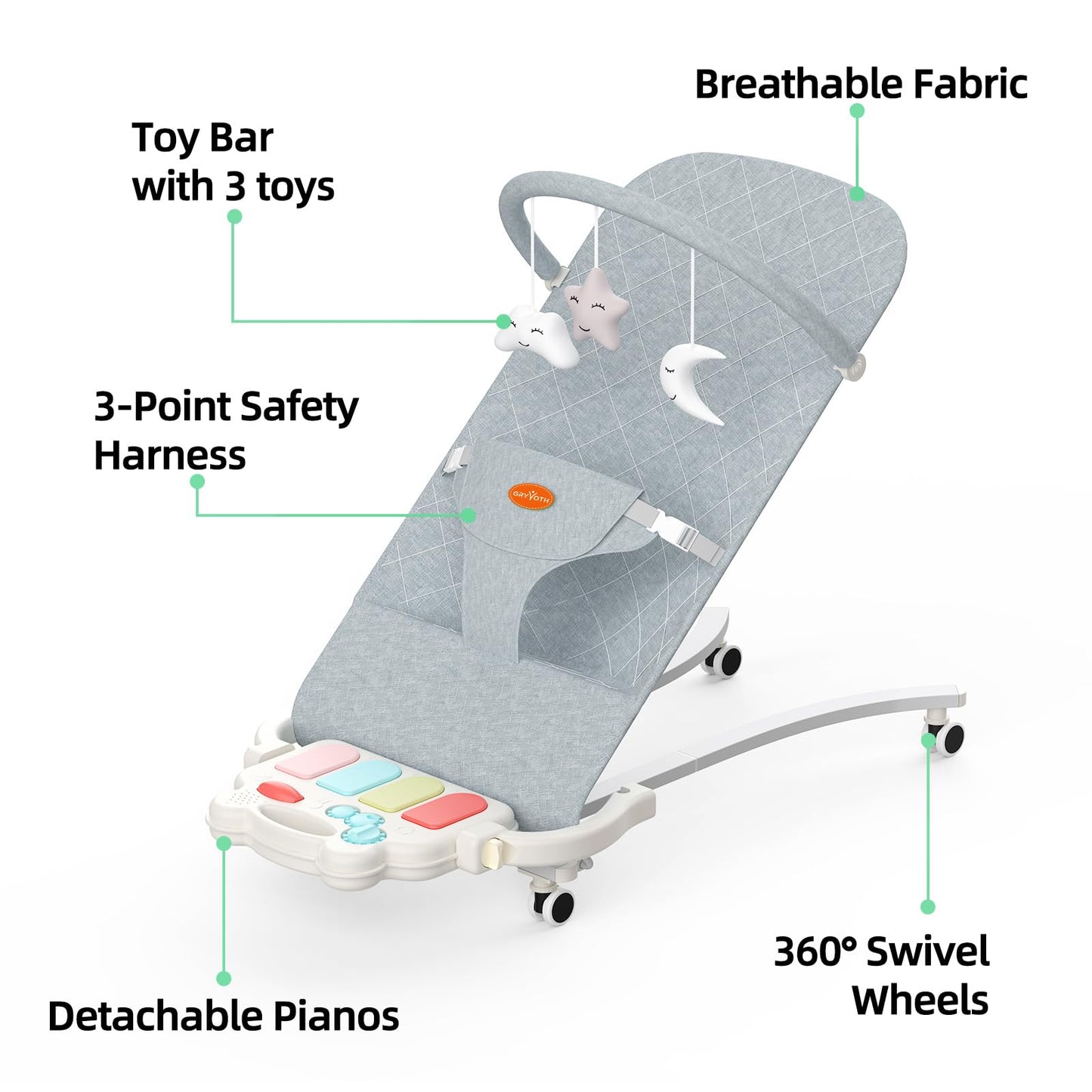 Gryvoth Portable Baby Bouncer Seat 0-18 Months,Detachable Piano & Hanging Toys,3-Level Recline (Rock/Fix),Foldable with Quiet Wheels,Baby Shower
