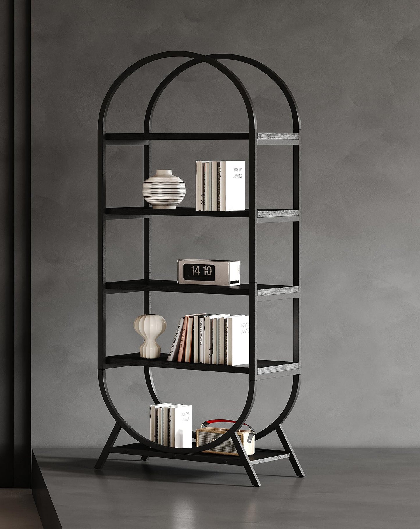 Kogven Bookshelf Arched Bookcase, Industrial 5 Tier Open Book Shelves with Metal Frame, 72" Tall Freestanding Display Rack for Home Office, Living Room, Black
