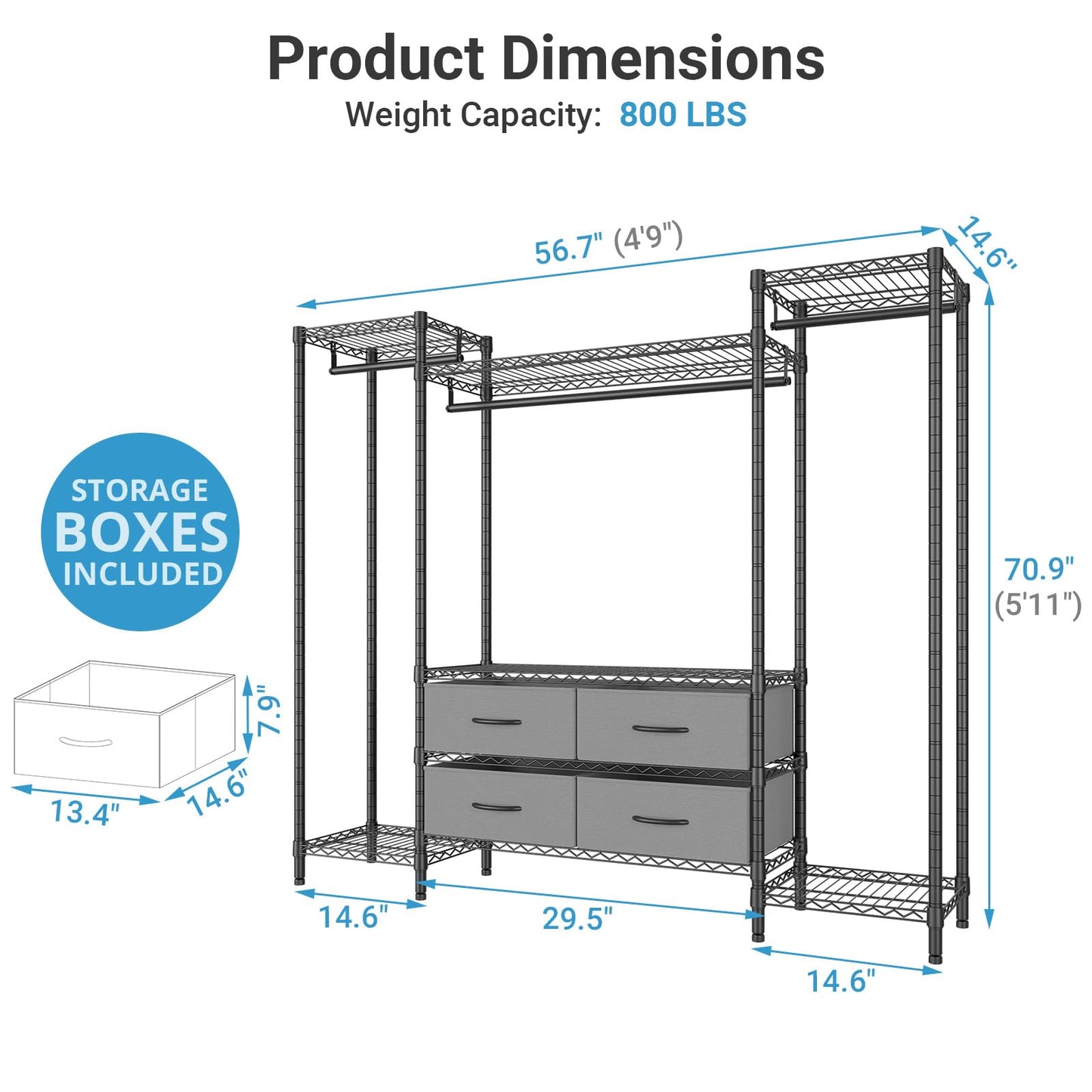 VIPEK V20 Wire Garment Rack Heavy Duty Clothes Rack, Metal Clothing Rack with 6 Shelves, 3 Hang Rods & 4 Fabric Drawers, Compact Wardrobe Closet, 56.7" L x 14.6" W x 70.9" H, Black