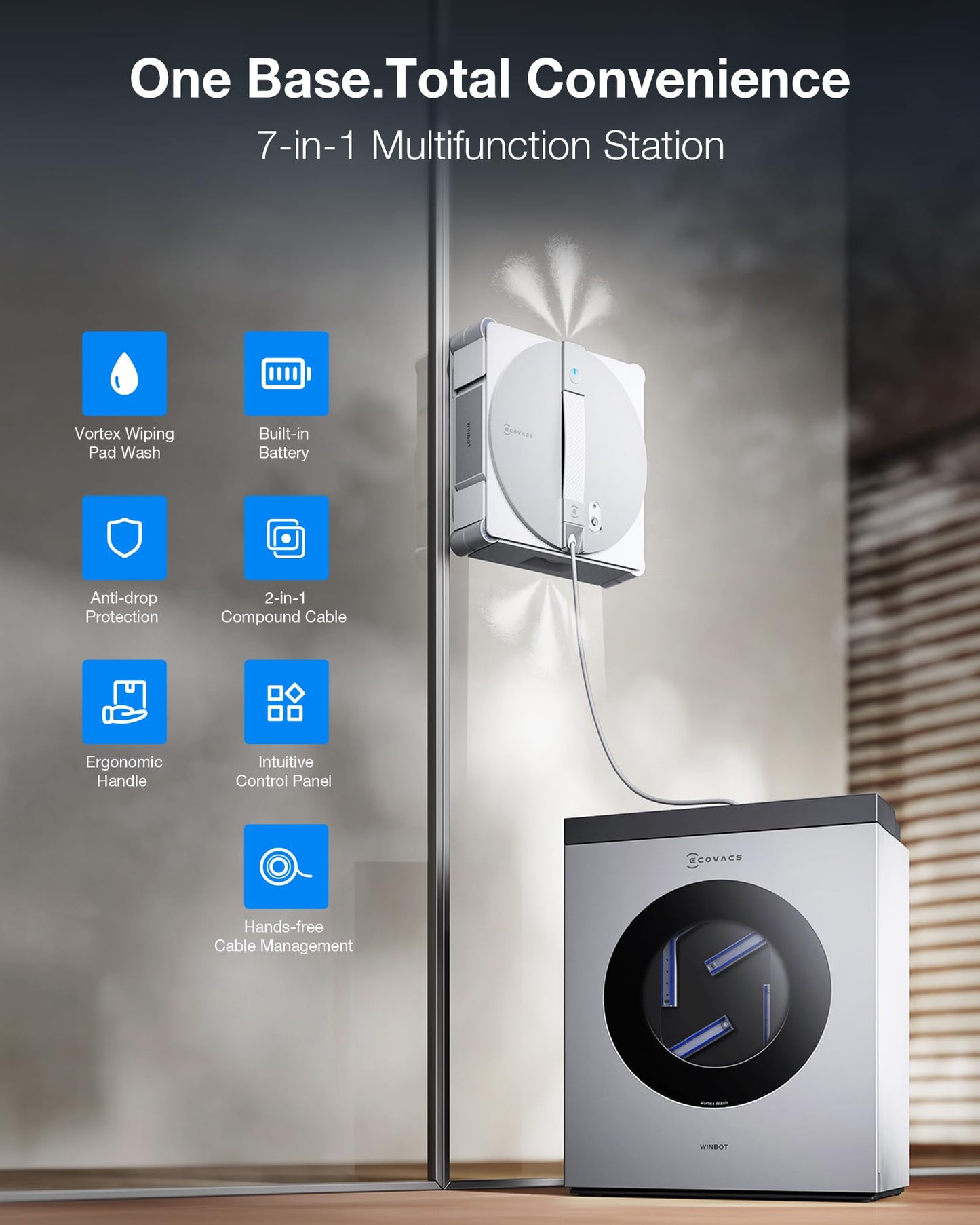 ECOVACS WINBOT W3 Omni Robot Window Cleaner with Auto Pad Washing & Multi-Functional Station, 8000Pa Suction, Intelligent Cleaning with Triple Nozzle Water Sprayer, 12-Level Protection