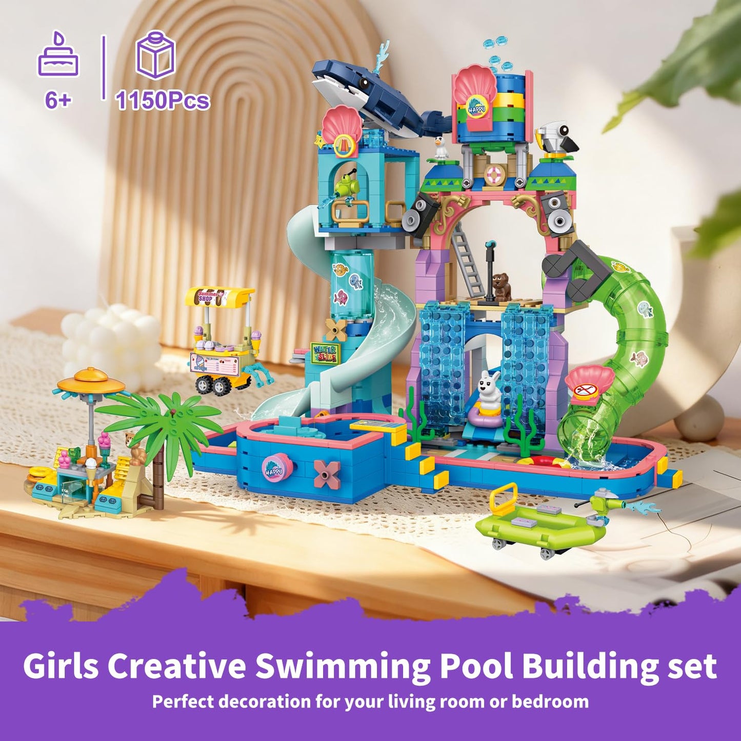 WinGift 1150Pcs Friends Water Park Building Set, STEM Summer Fun Party Toy with Swimming Pool Slides,Water Canons,Diving Platform,Animal, Pretend Play Kit for kids, Birthday Gifts for Girls Ages 6-12+