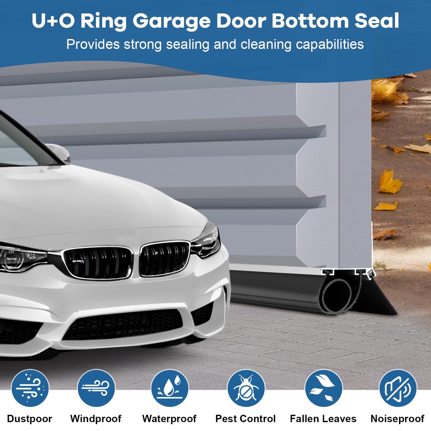 16.5FT Garage Door Seals Kit, Heavy Duty U&O Shape with Extended 3.35FT x5 Aluminum Tracks & 5CM Brush, Weatherproofing Garage Door Weather Stripping Rubber Kit with Oxidized Frosting Process