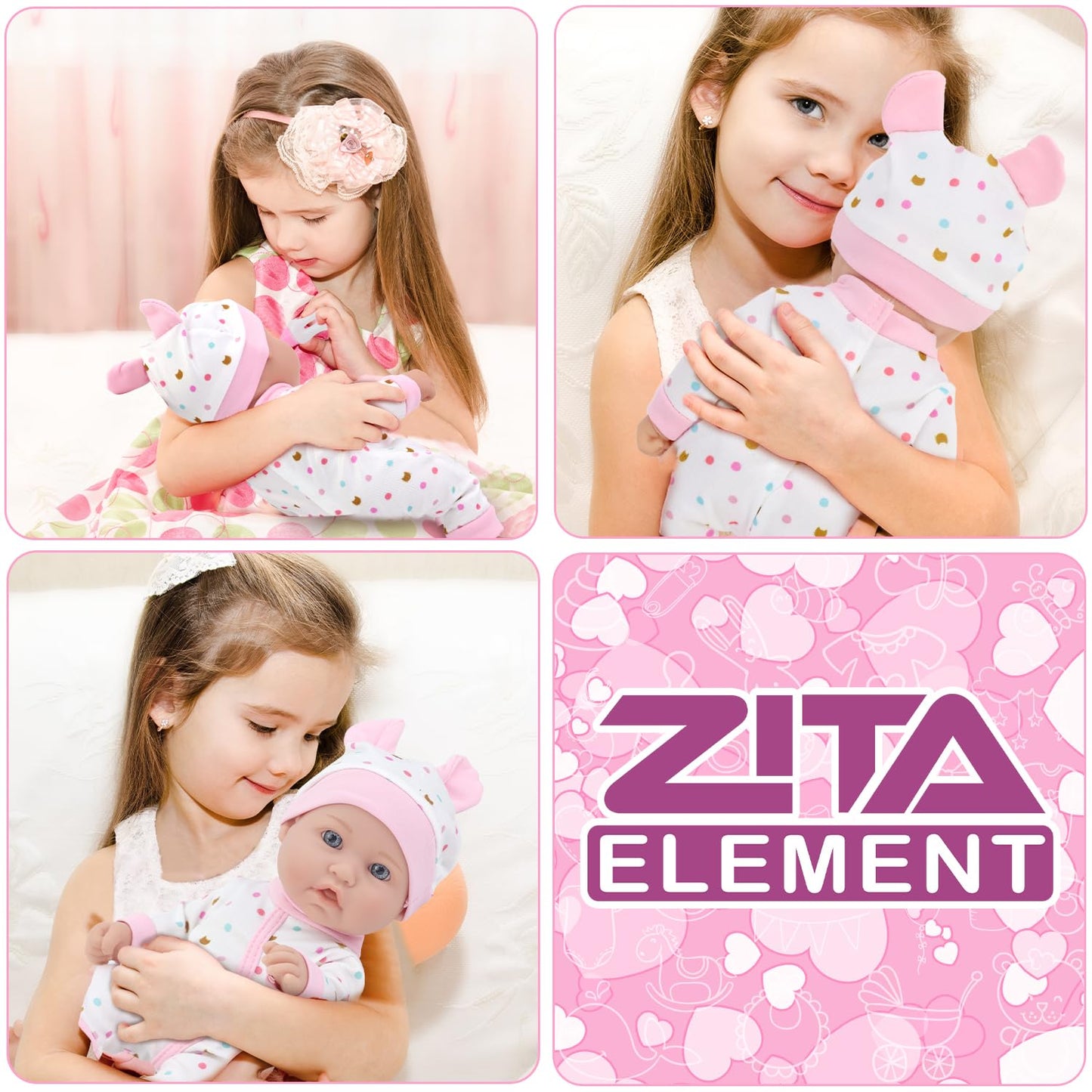 ZITA ELEMENT 12 Inch Baby Doll with Accessories for Baby Doll Reborn Includes Carrier Bassinet Bed, Pacifier, Blanket, Pillow, Feeding Set, New Born Doll Playset for Toddlers 3 Ages and Up