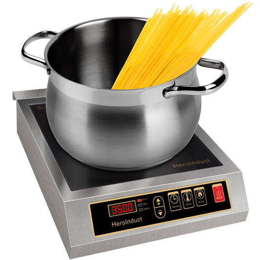 HeroInduct Portable Induction Cooktop 208-240V 3500W Commercial Range Countertop Burner Dual IGBT Modules 8 Heating Level Timer Sensor Push-Button Premium Stainless Steel Housing Ceramic Glass（Black）
