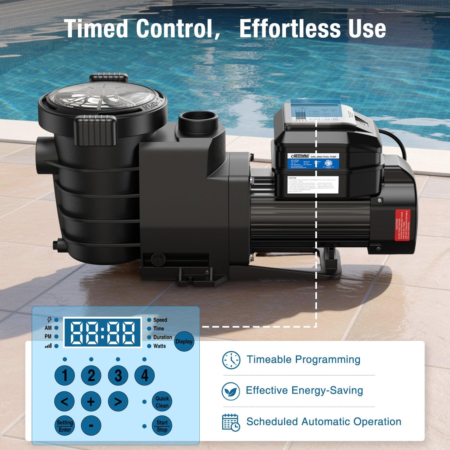CrestWave Smart Variable Speed Pool Pump 1.5HP, Smart Life APP Control, 38 dB-Quiet, Energy Saving, AC 110V/230V, Built-in Timer, 5070 GPH High Flow, 1.5" & 2" Adapter Pool Pump for In/above Pool