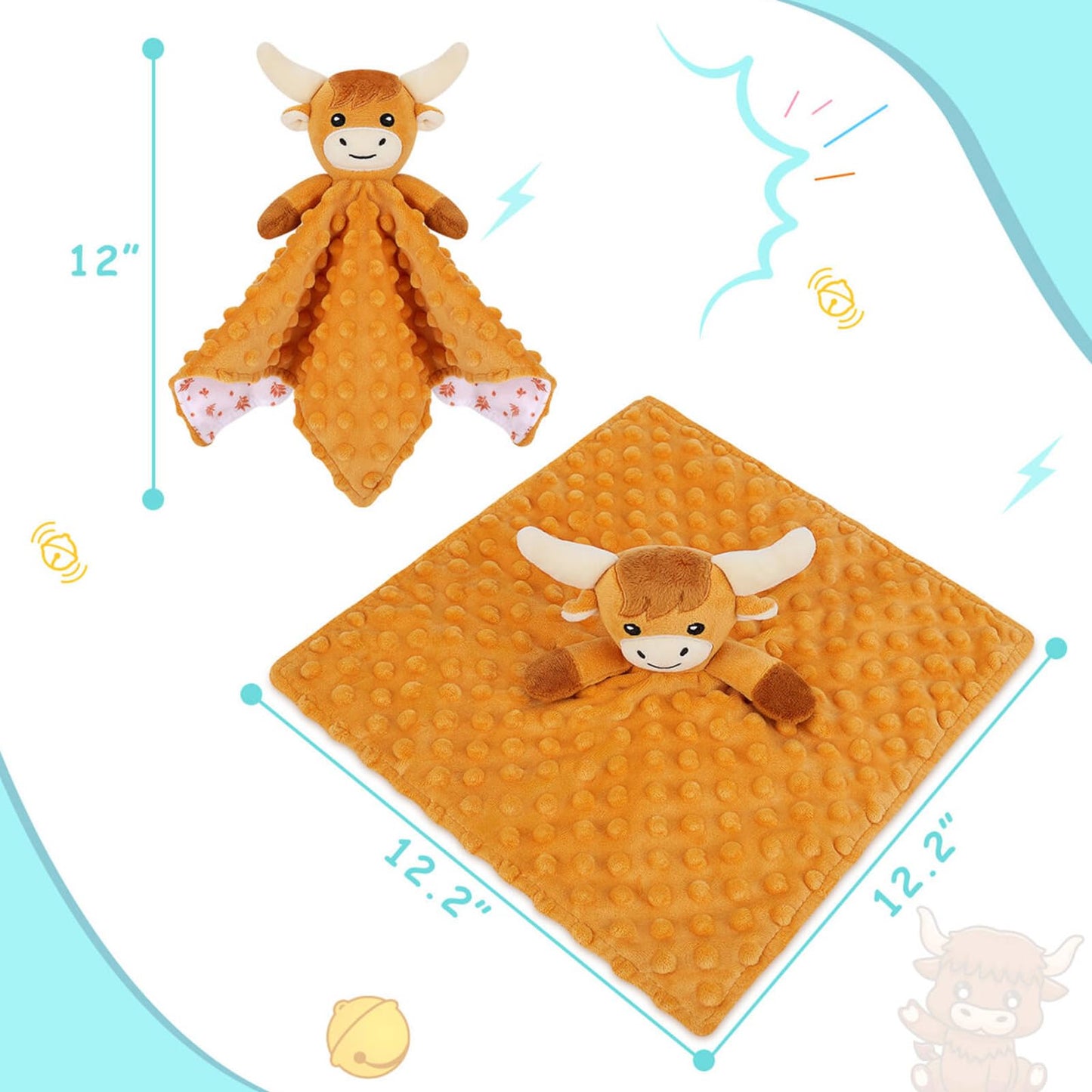 Sprinqdawin Loveys for Babies,Soft Baby Security Blanket for Newborn Infant Toddler Snuggle Toy Stuffed Animal,Lovey Highland Cow Security Blankets Baby Unisex for Gifts(Highland Cow,12.2in)