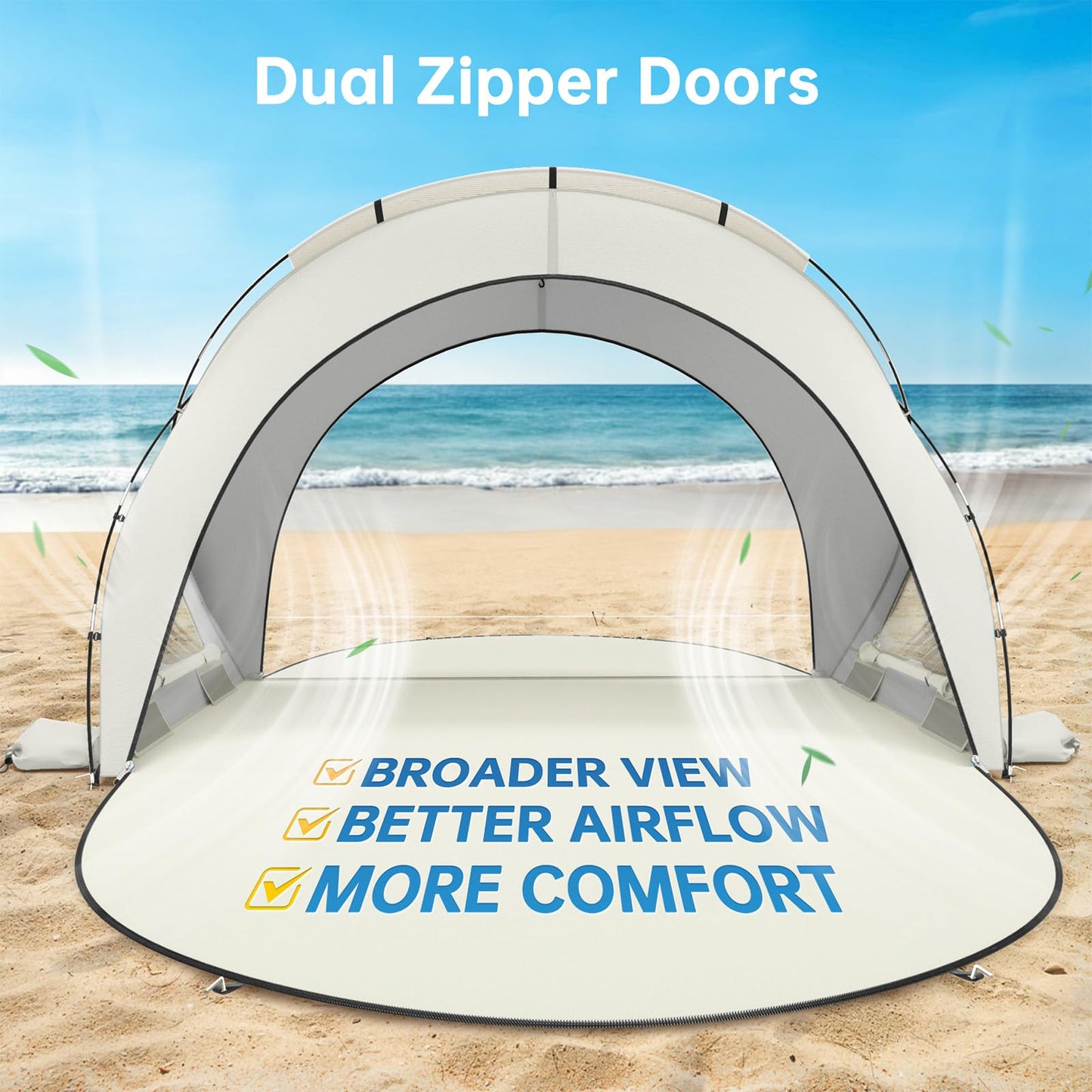 Raynesys Beach Tent Sun Shelter, Beach Shade Tent with UPF50+ UV Protection, Sun Shelter for 1-3 Person, Beaches Shade with 2 Zippered Doors, Portable Tents for Camping Fishing, Beige