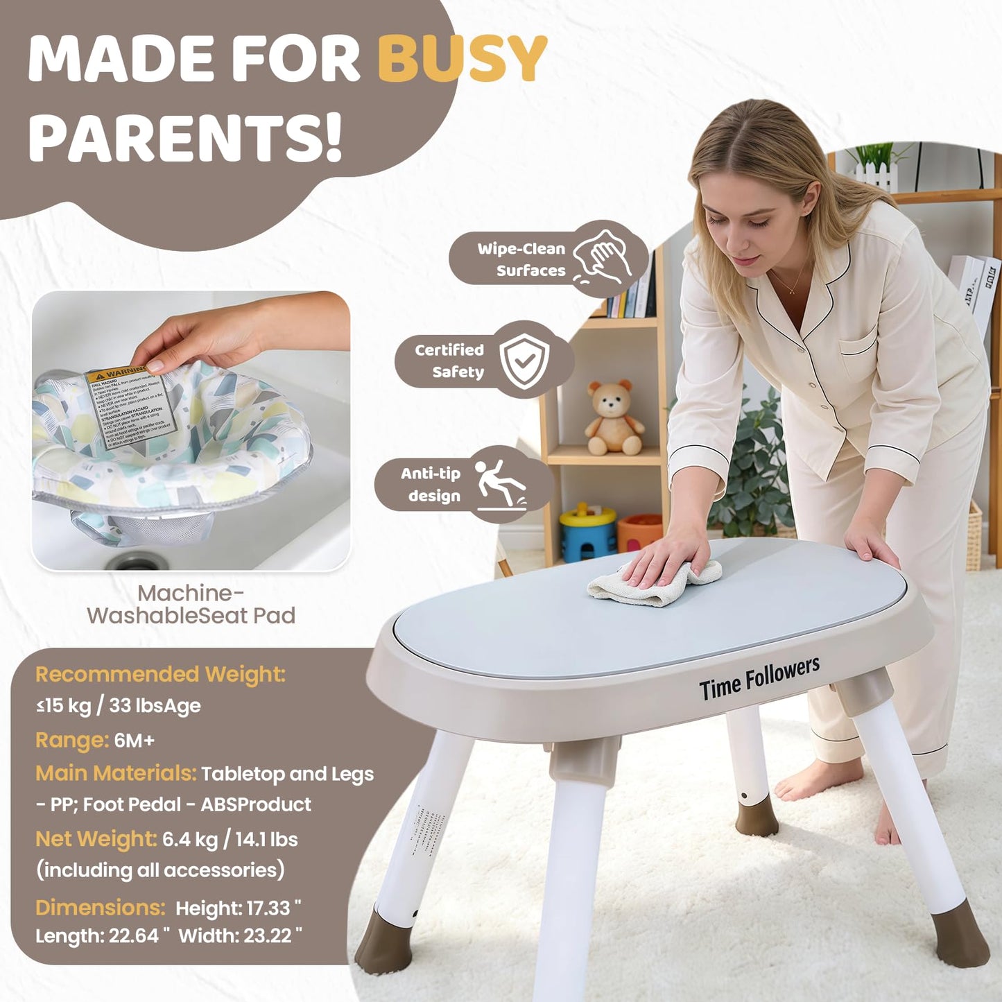 Time Followers® 6-in-1 Baby Activity Center | 4 Stage Montessori-Inspired Toys | Grow Stationary Standing Toddler Table | Jumpers & Bouncers | Must Have for Boy & Girl 6, 12, 24+ Month Old (Beige)