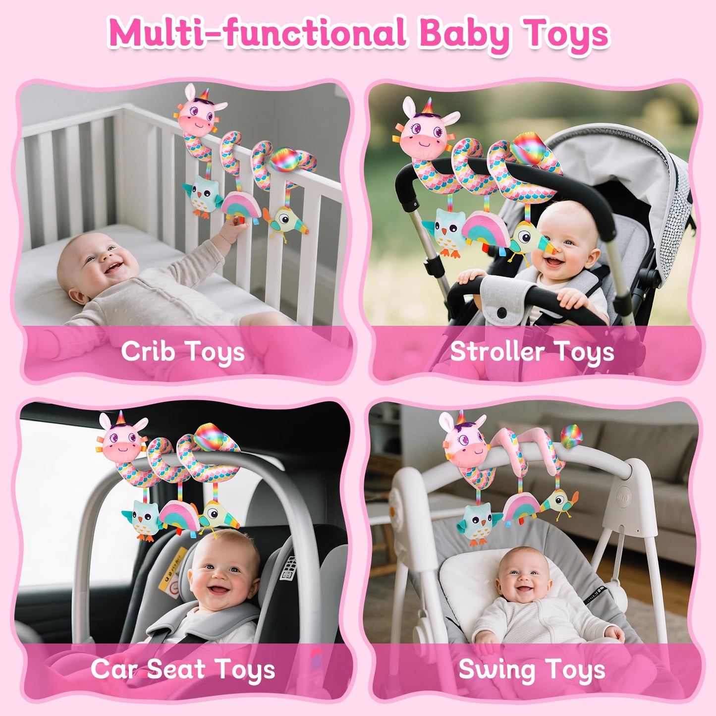 Car Seat Toys for Infants 0-6 months, Spiral Hanging Crib Stroller Activity Toys with Rattles, Baby Car Seat Accessories Toy for Developing Sensory & Motor Skills, Ideal Gift for Newborn Infant