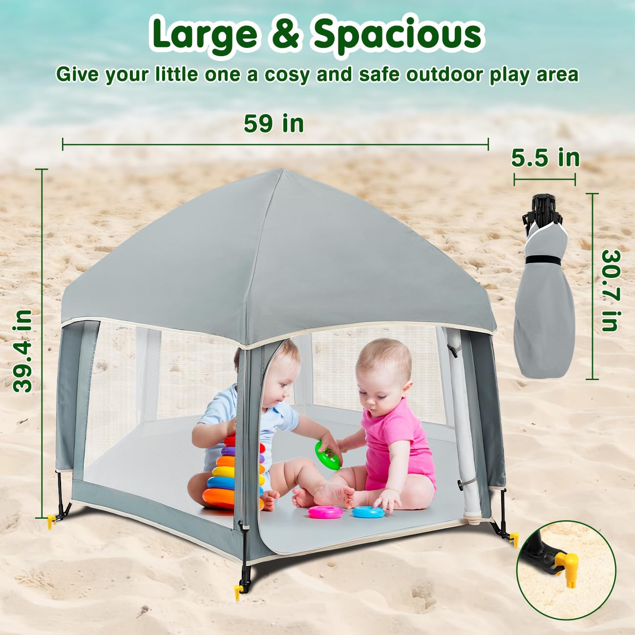 Zooawa Pop Up Playpen for Baby, 150*100 cm(L*H) Playpen for Babies and Toddlers with Removable Sun-Shades& 2 Side UV Covers, Lightweight Outdoor Baby Play pen for Beach Home with Travel Bag,Light Gray