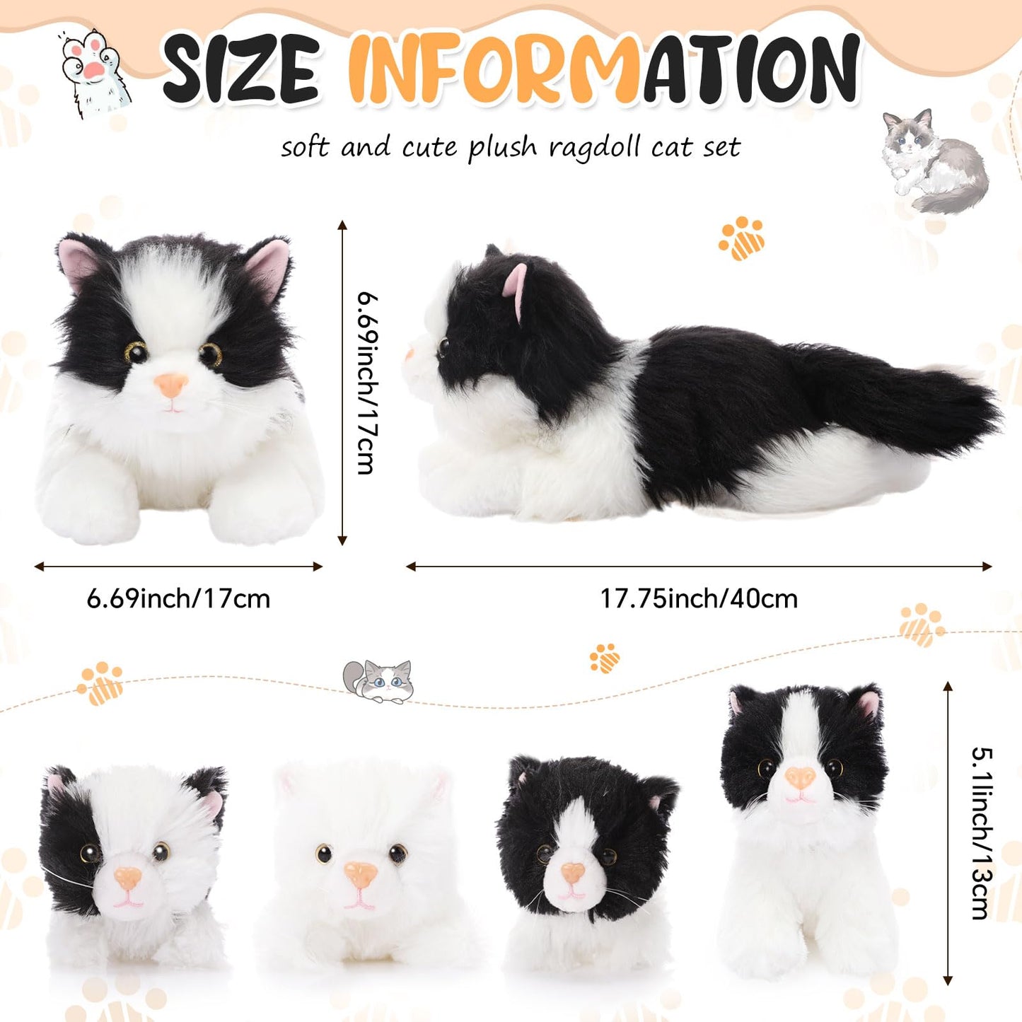 HyDren 5 Pcs Realistic Ragdoll Cat Stuffed Animal, 17.75 Inches Large Ragdoll Cat Mommy Plush with 4 Cute Babies Soft Plush Kittens Set for Girls Boys Birthday Party Favors(Black)