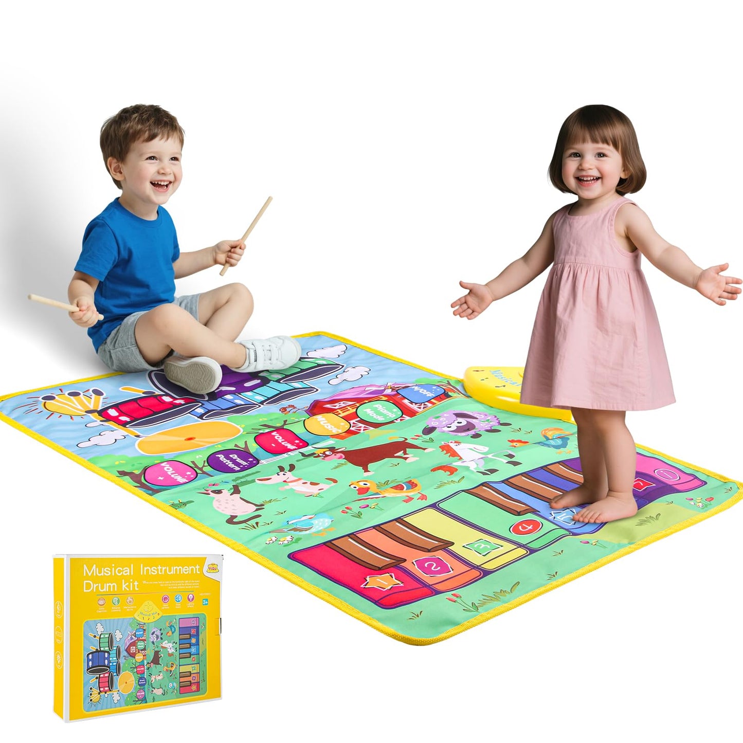 Musical Farm Animals Sounds Piano Mat for Kids, Sensory Educational Learning Toy with Drumset for Toddlers, Interactive Floor Touch Play Mat Dancing Keyboard Carpet for 1-5 Year Old Boy Girl Gifts