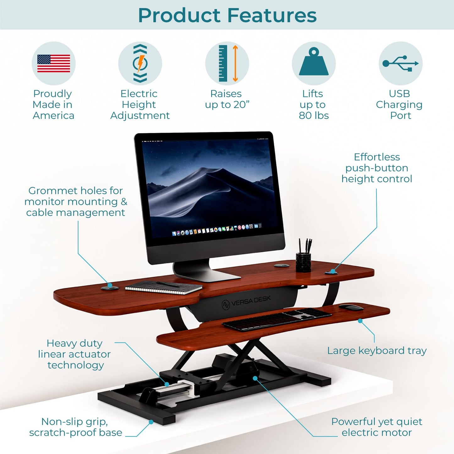 VERSADESK 48 Inch Electric Height Adjustable Ergonomic Desk Converter, PowerPro™ Height Standing Desk Riser, Keyboard Tray, Built-in USB Charging Port, Sit Stand Workstation, Hold 80 lbs, Cherry