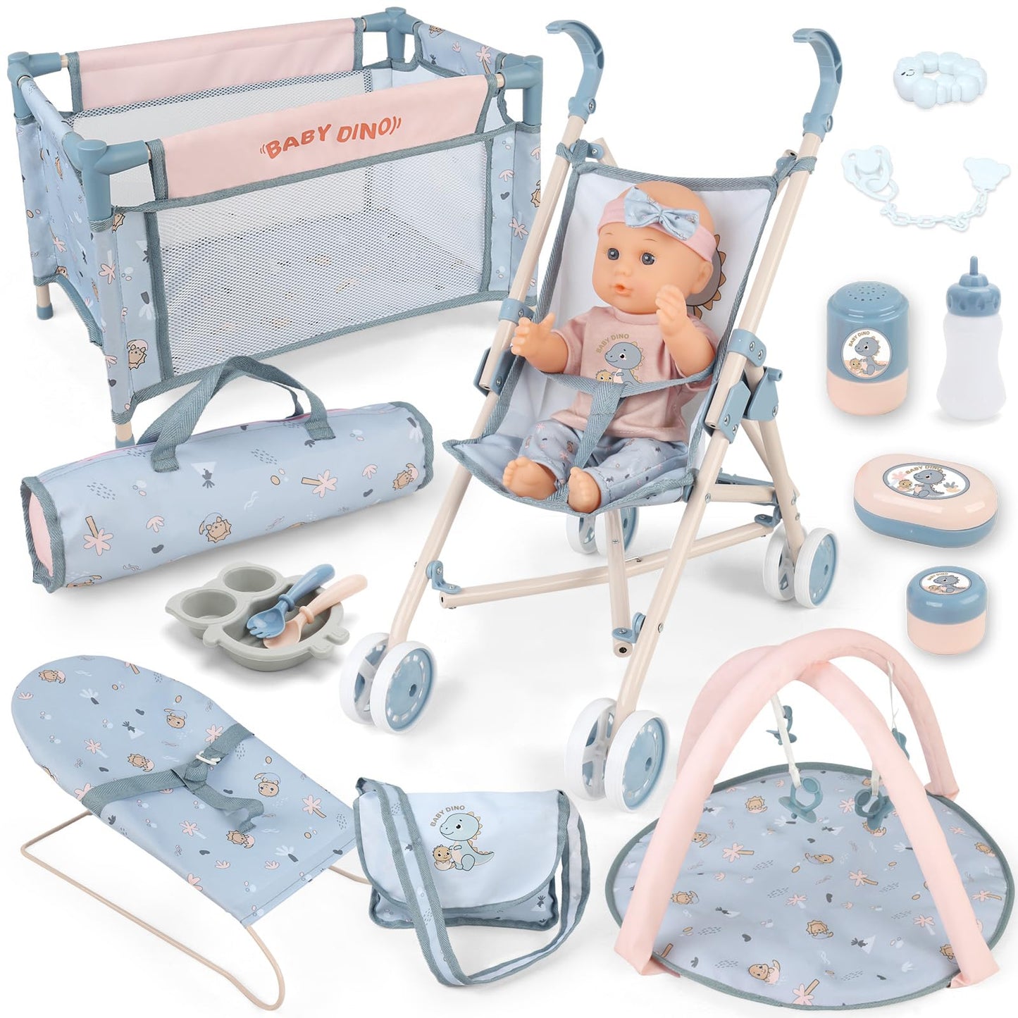 deAO Baby Doll Set,12 inch Doll Playset with Doll Stroller Crib Bed Nursery Role Play Set Accessories and Play Mat,Foldable Stroller and Travel Bag,Birthday Gifts for Girls