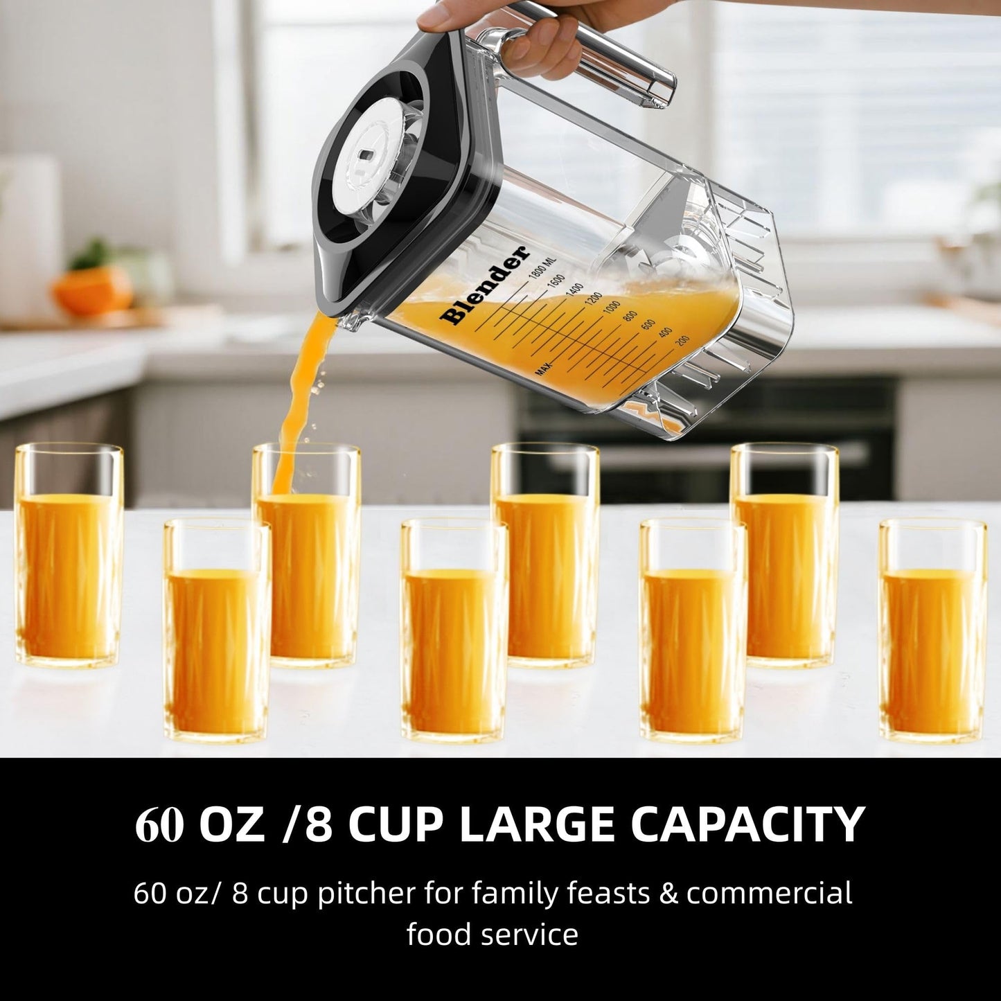 Professional Commercial Blender for Kitchen, Heavy Duty Quiet Shield, 2200W Motor, 6 Food Grade Blade, 60 Oz Pitcher, 5 in 1 Functions Countertop Blender for Ice Crush, Smoothies, Shakes, Spreads