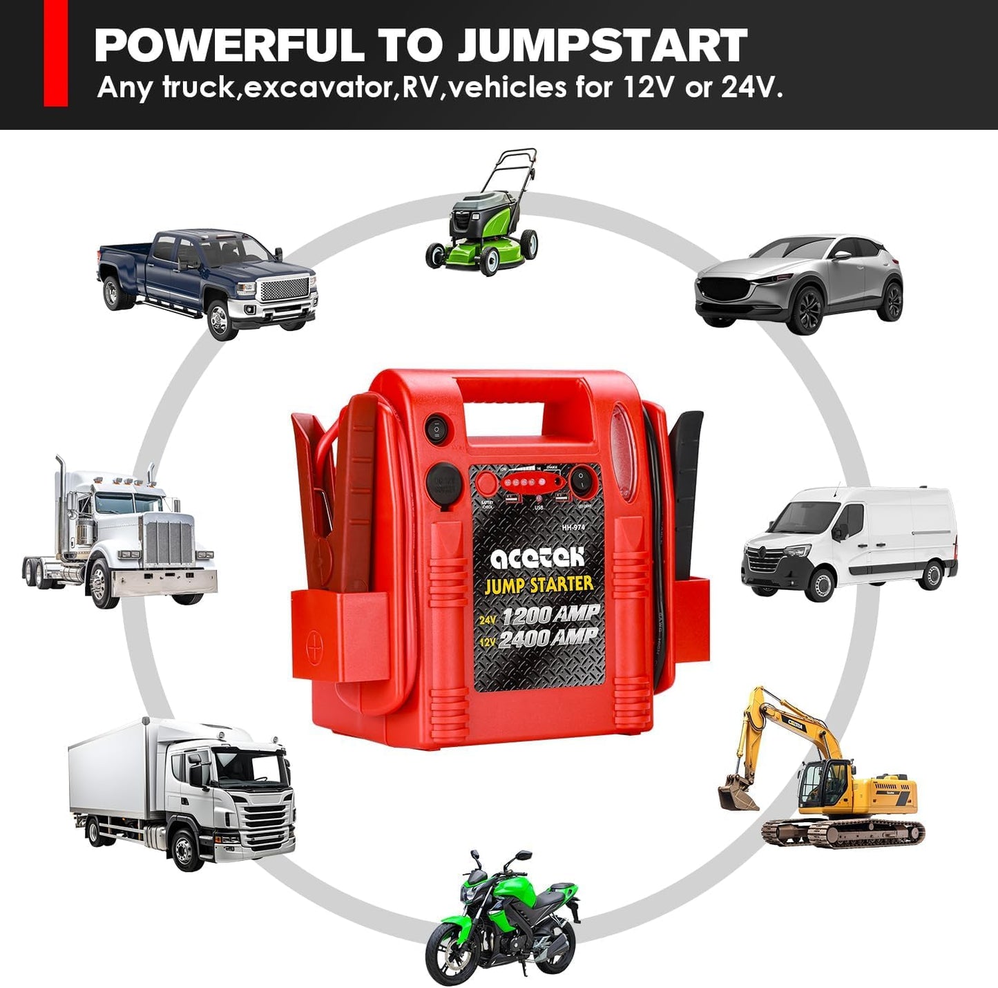 12V / 24V Jump Starter, acetek 2400/1200 Peak Amp Battery Jump Starter for Truck Car Tractor Excavator, Heavy Duty Jump Box Battery Pack with USB and DC Output