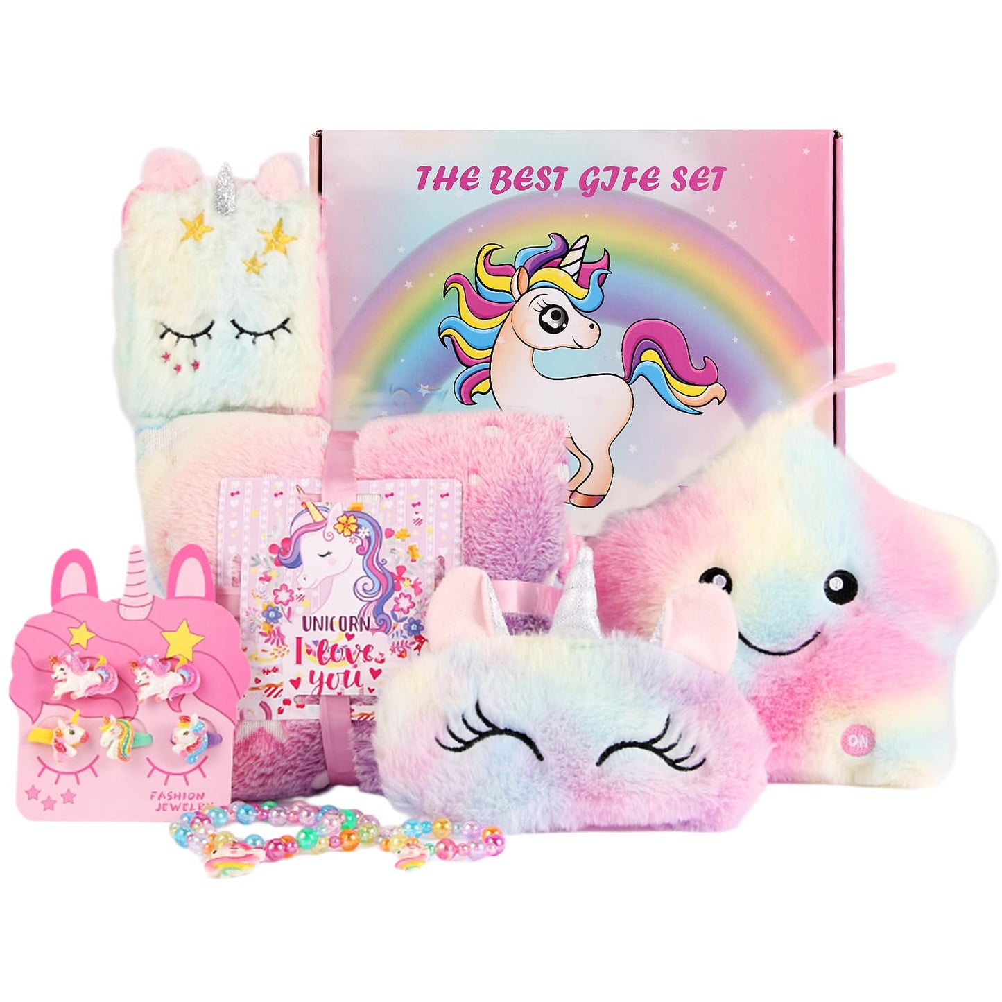 FIIOEOY Unicorn Gift Box for Girls Age 6-8, Unicorn Plush Toy Set with Glow in The Dark Blanket Light Up Star Pillow Eye Mask Crossbody Bag, Birthday Gifts for Daughter Niece
