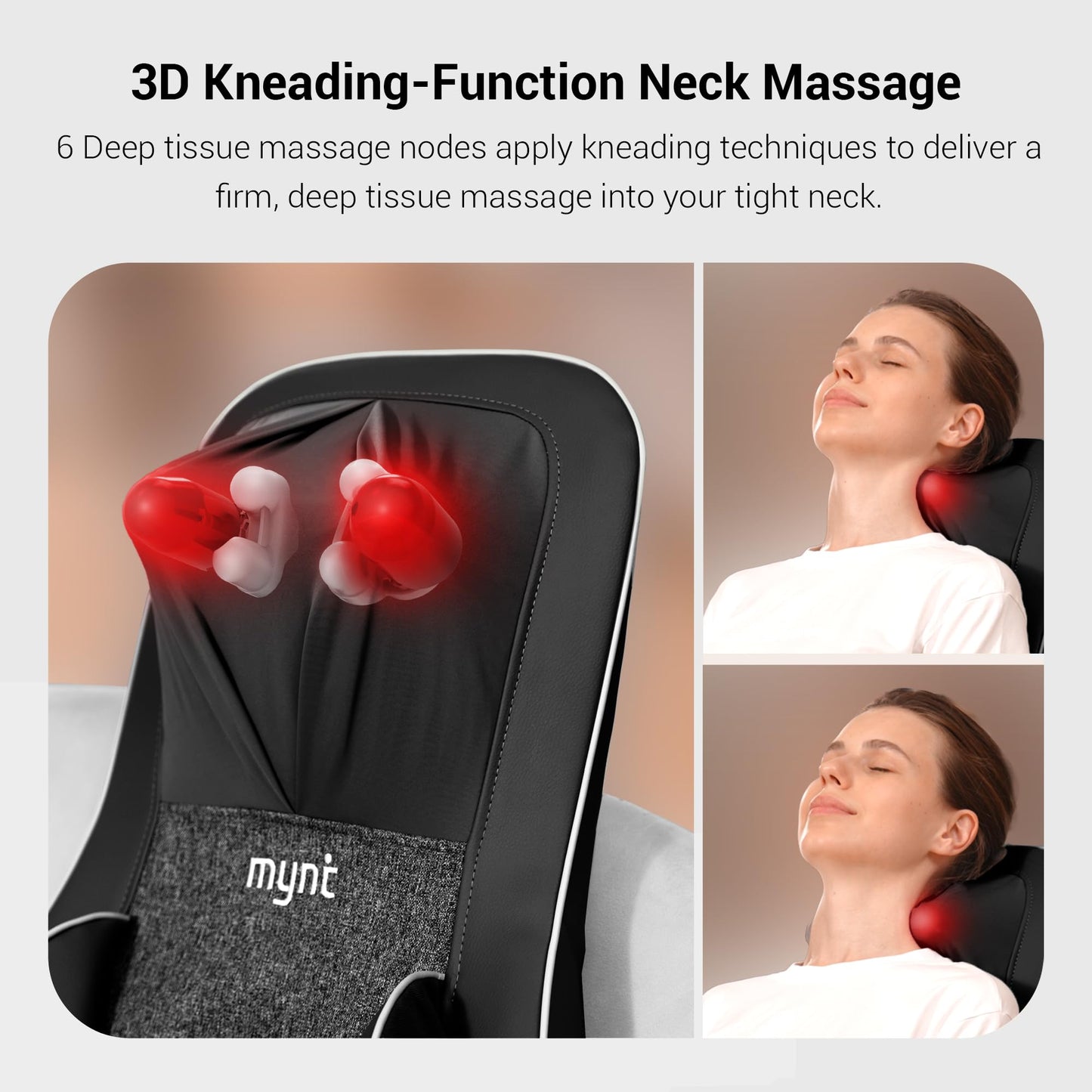 Mynt 2D & 3D Shiatsu Neck and Back Massager for Chair with 10 Deep Kneading Nodes, Back Massage with Heat, Portable Spot Massage Chair Pad (Black)