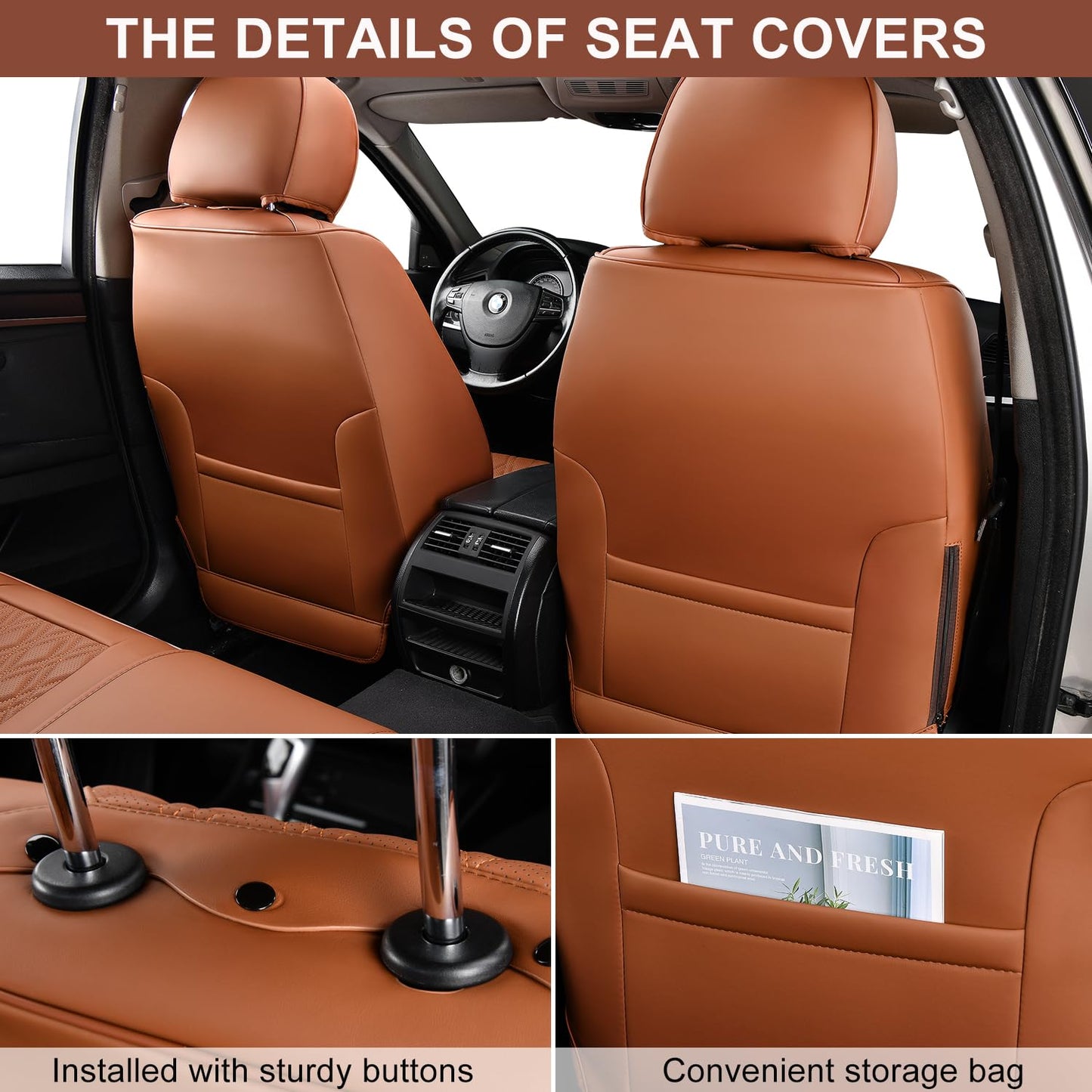 TINRAIYANG Car Seat Covers Full Set, Breathable Leather Automotive Front and Rear Seat Covers & Headrest, Universal Automotive Vehicle Seat Cover for Most Sedan SUV Pick-up Trucks, Brown