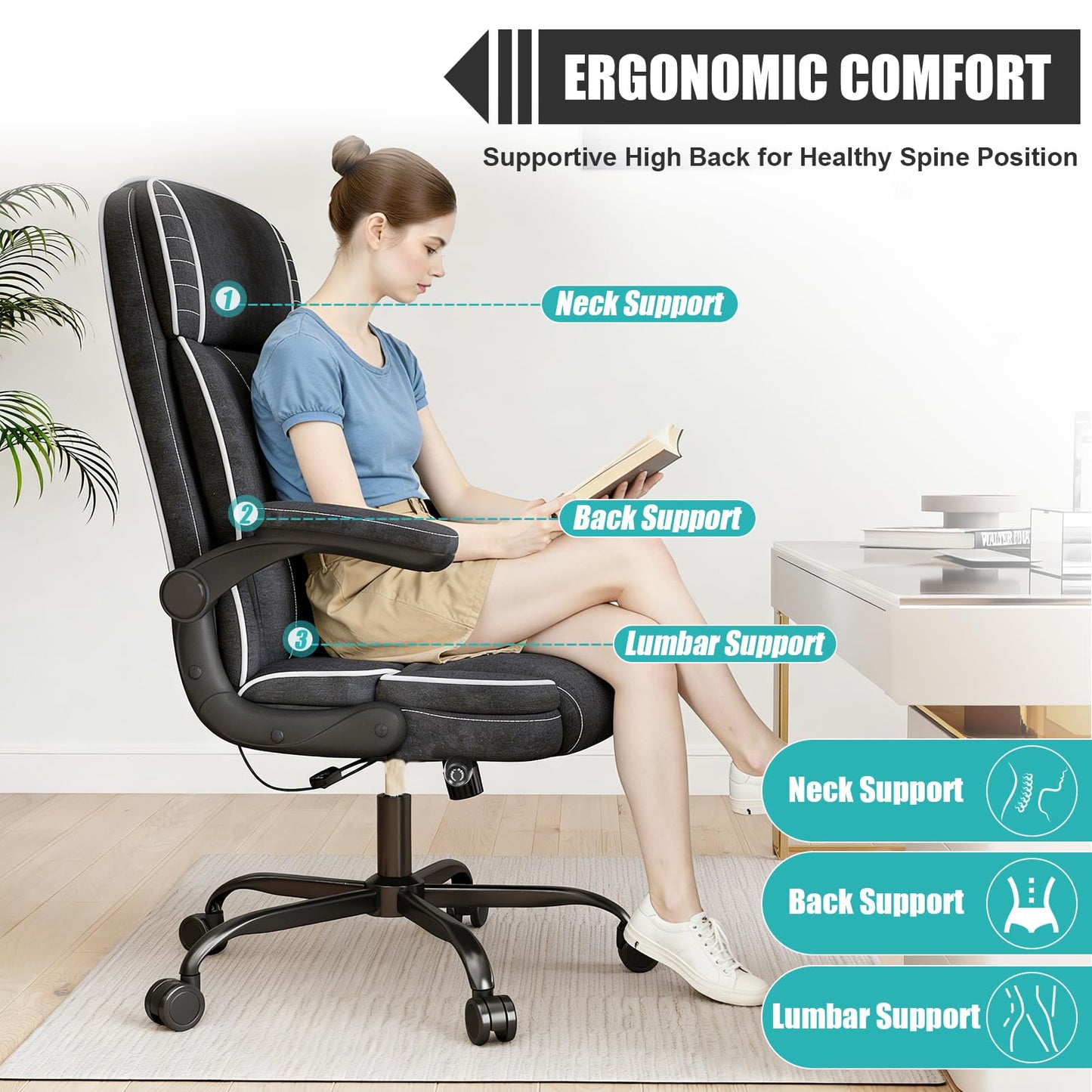 Big and Tall Office Chair with Adjustable Lumbar Support,Breathable Fabric High Back Desk Computer Chair with Adjustable Flip-up Armrests,Ergonomic Swivel PC Chair with Rocking Function