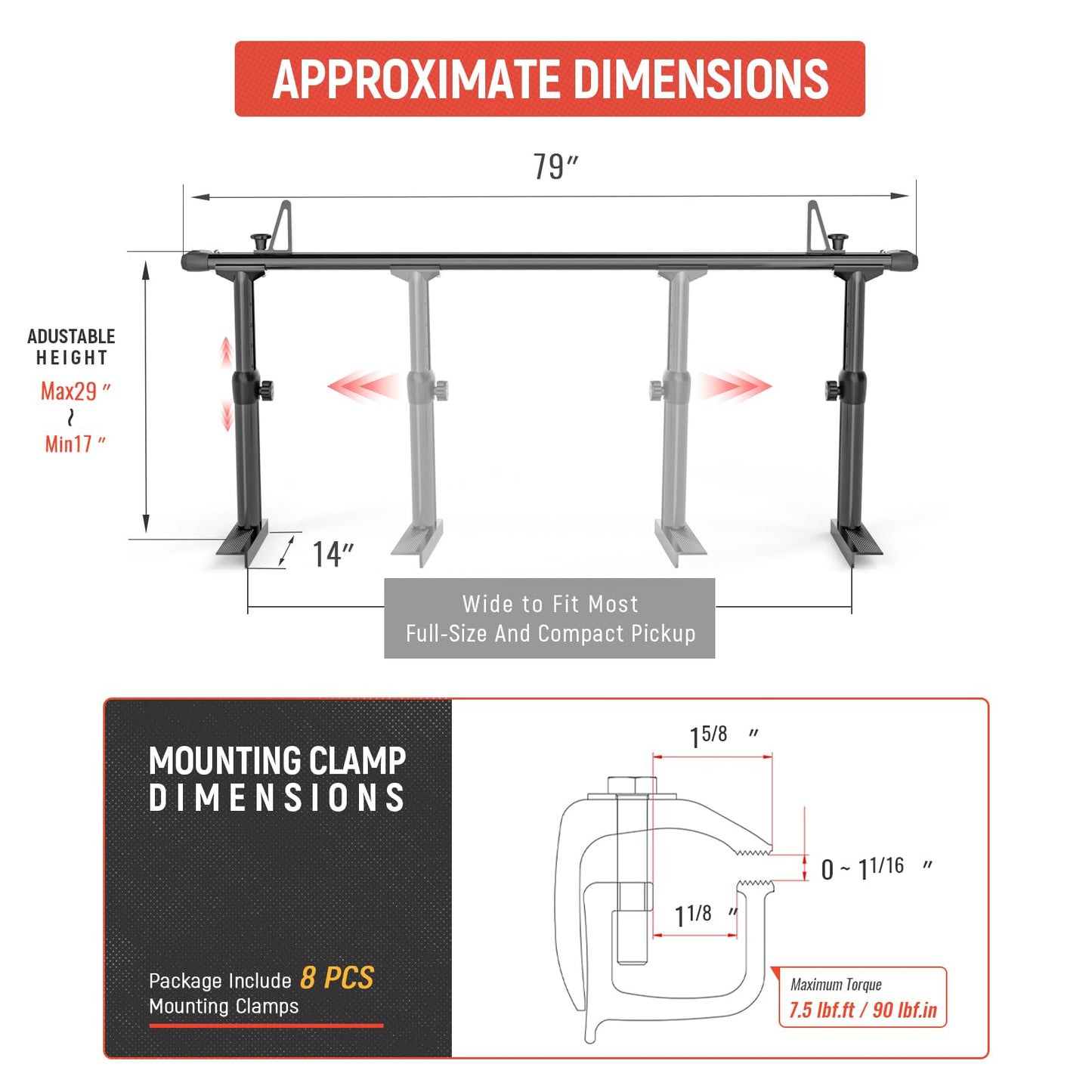 AA-Racks Model APX2501 79" Full-Size Pickup Truck Ladder Racks Low-Profile Height-Adjustable Utility Aluminum Truck Bed Rack with Load Stops-Black