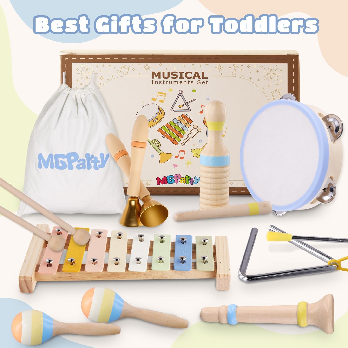 Baby Musical Instruments, Montessori Wooden Musical Toys for Toddlers 1–3, Xylophone Tambourine Triangle Maracas, Wooden Baby Instruments, Kids Preschool Educational Toys, Birthday Gift for Boys Girls