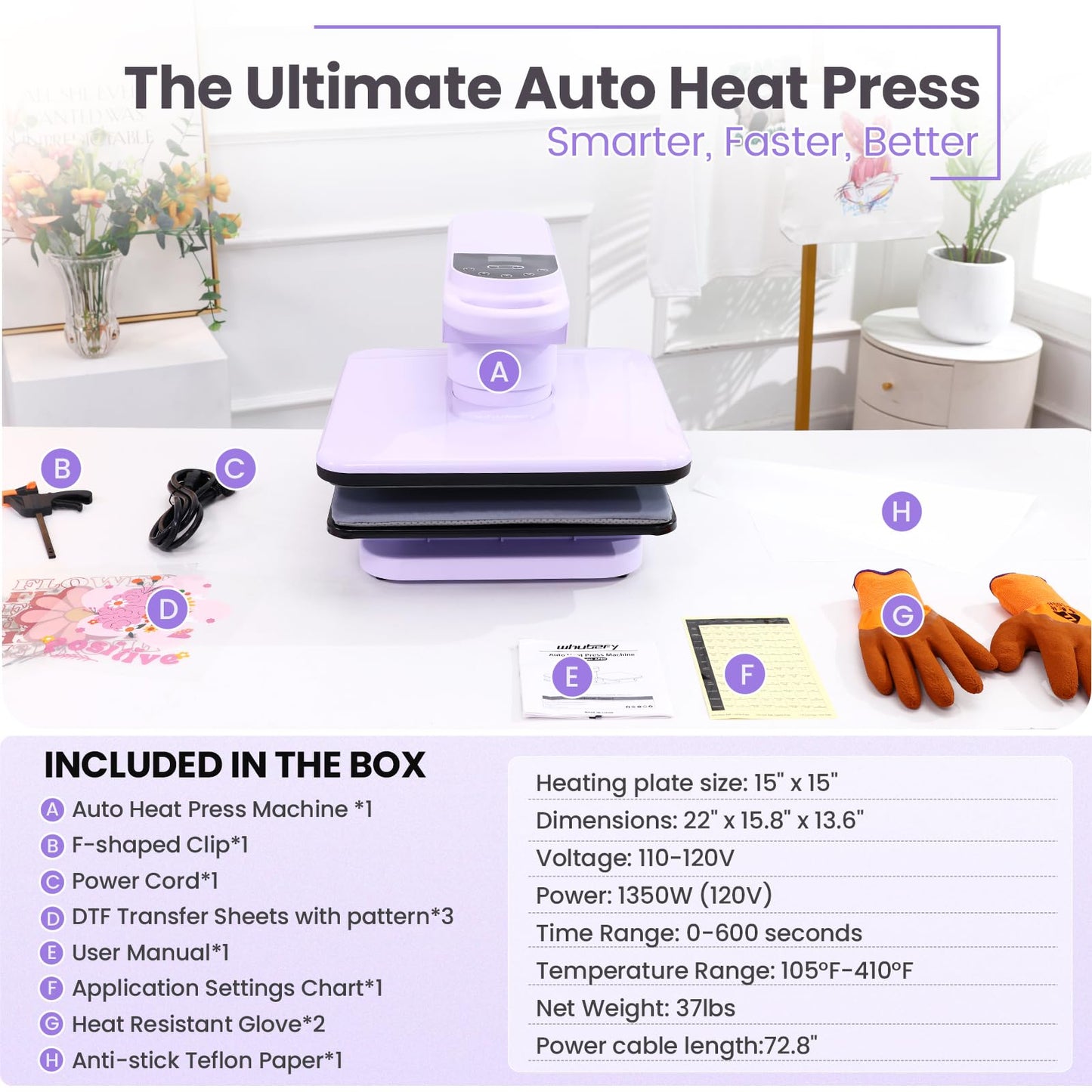 Whubefy 360° Swivel Auto Heat Press 15x15 - Professional Automatic Shirt Press Machine with Auto Release & 7-Level Auto Pressure - Swing Away Large Pro Heat Press Machine for T Shirts Hoodie HTV Vinyl