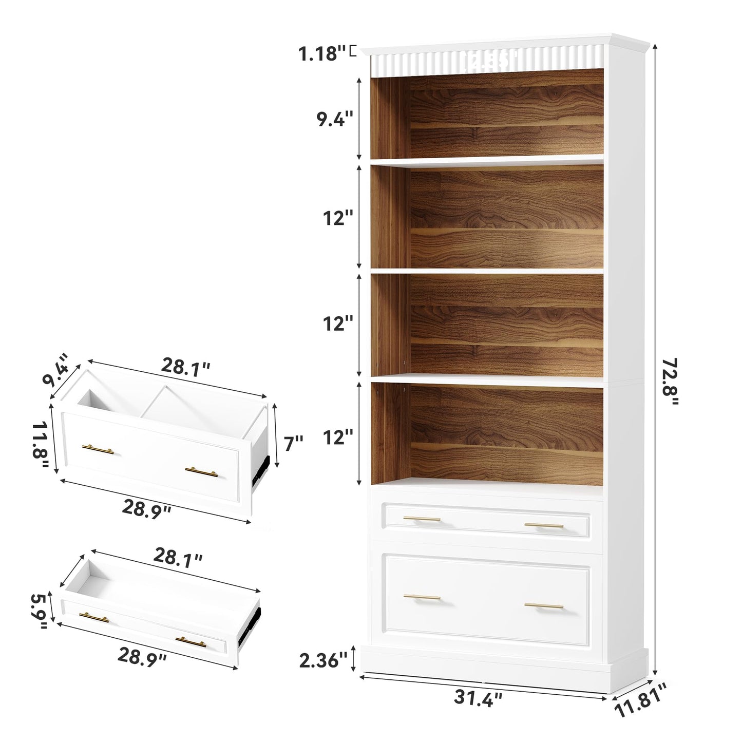 LITTLE TREE 72-Inch Tall White Bookcase, 5-Tier Wooden Open Display Bookshelf with 2 Drawers fits Letter, Legal, A4 Size, Modern Floor Standing Storage Organizer for Home Office & Living Room,Bedroom