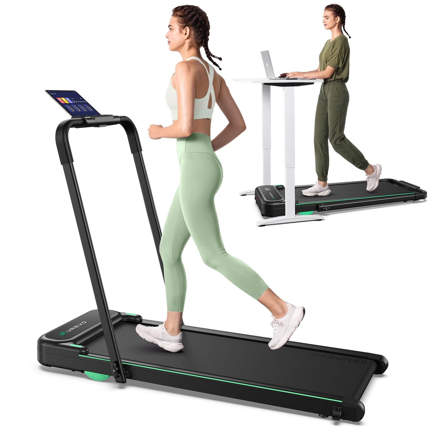UREVO Strol 2E Smart 2-in-1 Folding Treadmill, Compact Walking Pad with Safety Handle, Plug and Play, Dual LED Display, Workout APP, Walking or Running for Home Office, Remote Included, Flaxen