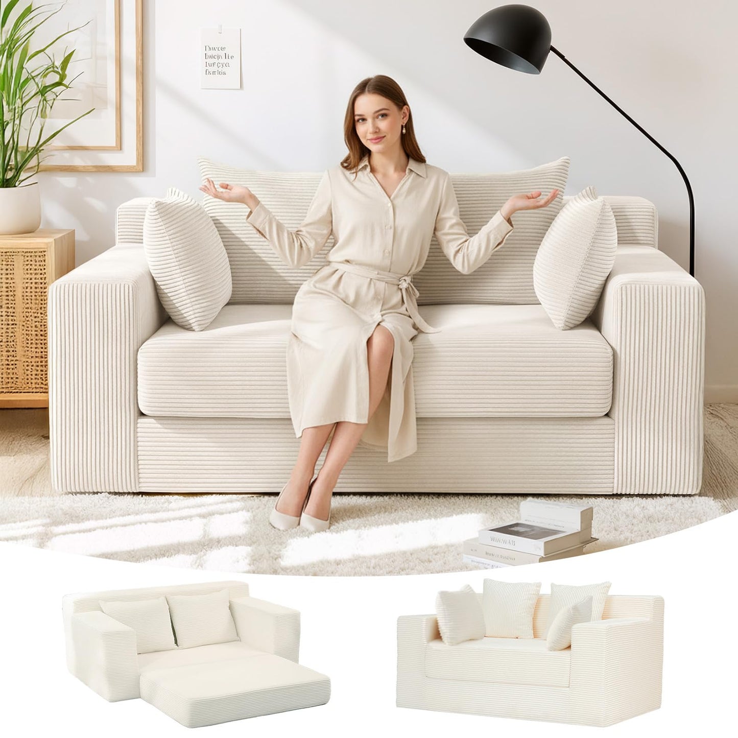Boneless Loveseat Sleeper Sofa Bed, 3-in-1 Convertible Sofa Bed and Floor Futon with 4 Pillows, 55" Beige Boneless Couch for Living Room, Guest Room, Small Space, No Assembly Required, Corduroy