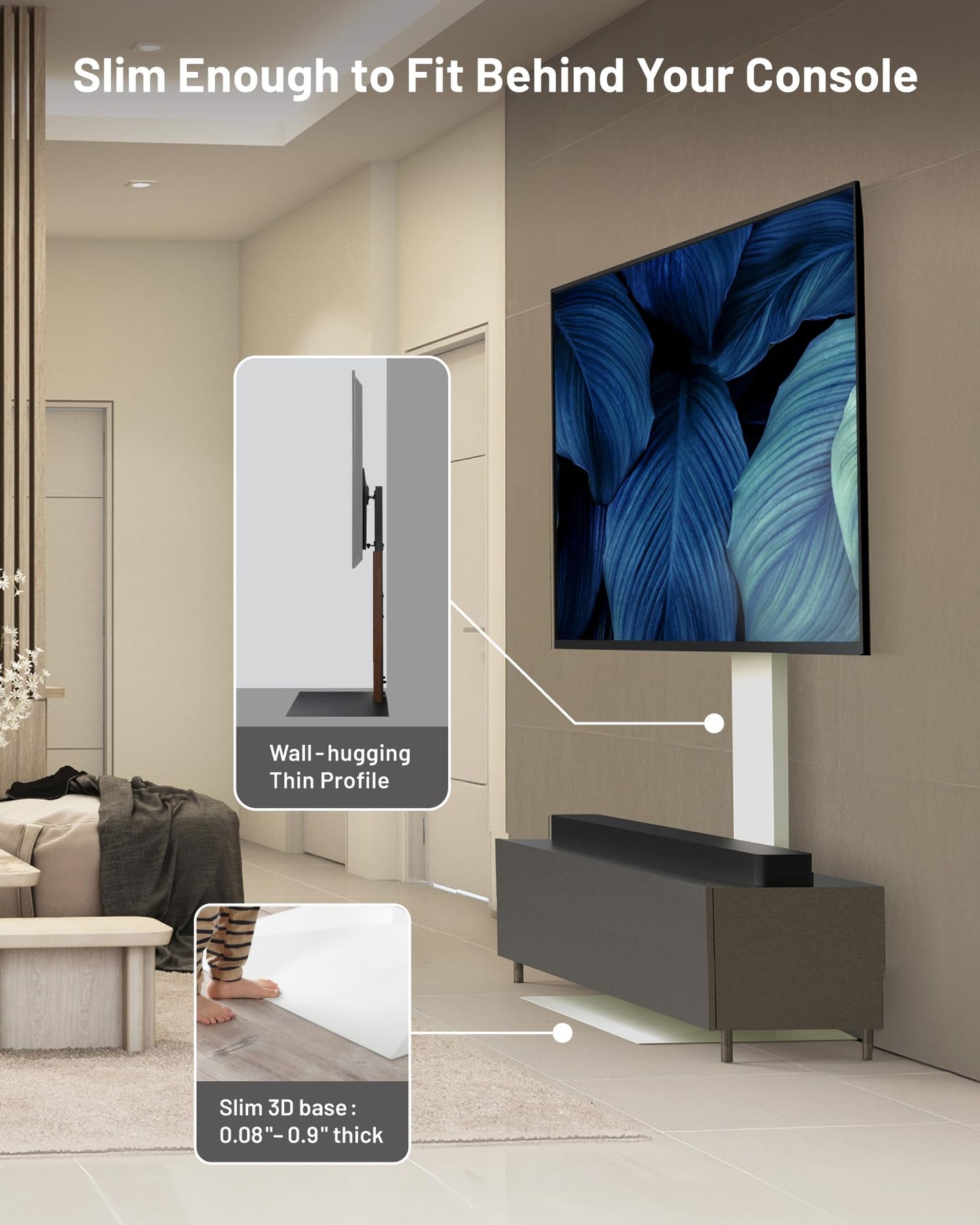 WALL V3SW High Type, Sleek Ultra-Thin Tall TV Stand for 32–80" TVs, Satin White, Swivel Function, Free Standing, Space-Saving Design, for Living Room and Bedroom, No Drill Setup, Japan-Engineered