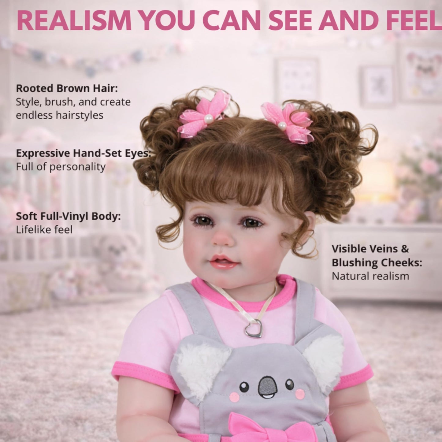 Koala Cuddles – 22” Realistic Reborn Toddler Girl Doll with Rooted Hair, 3D Hand-Painted Face & Full Soft Vinyl Body – Pink & Gray Outfit, Plush Animal, Pacifier, Bottle & Accessories – Ages 3+