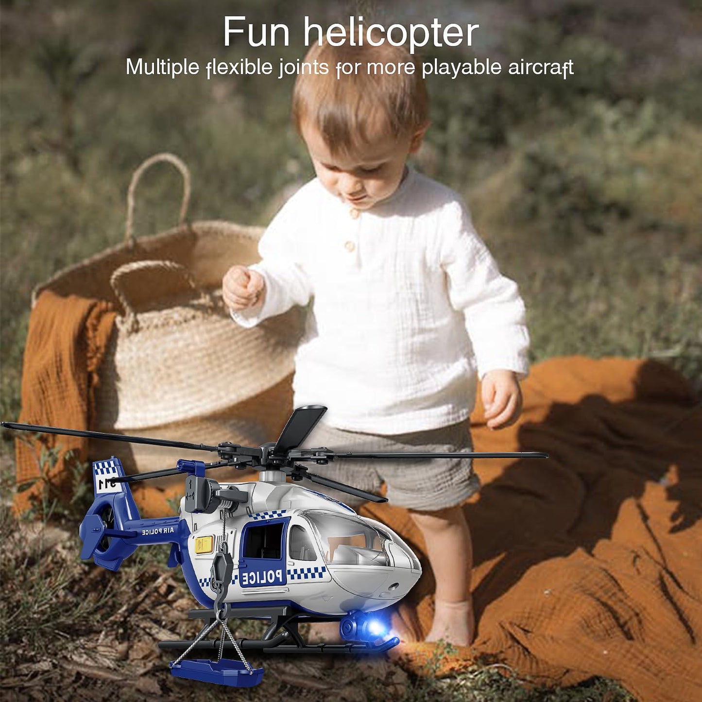 XUEXUE Large Police Helicopter Toy 15 Inch, Kids Helicopter with Crane & Hanging Tray, Toy Helicopter with Lights and Sounds, Helicopter Toys for Kids 3-5, Birthday Gift for Boys Age 3-7