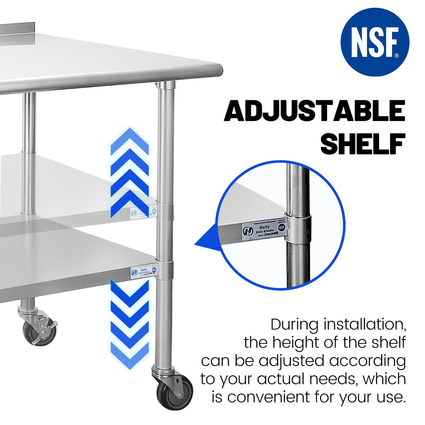 Hally Stainless Steel Table for Prep & Work 24 x 36 Inches with Caster Wheels, NSF Commercial Heavy Duty Table with Undershelf and Backsplash for Restaurant, Home and Hotel