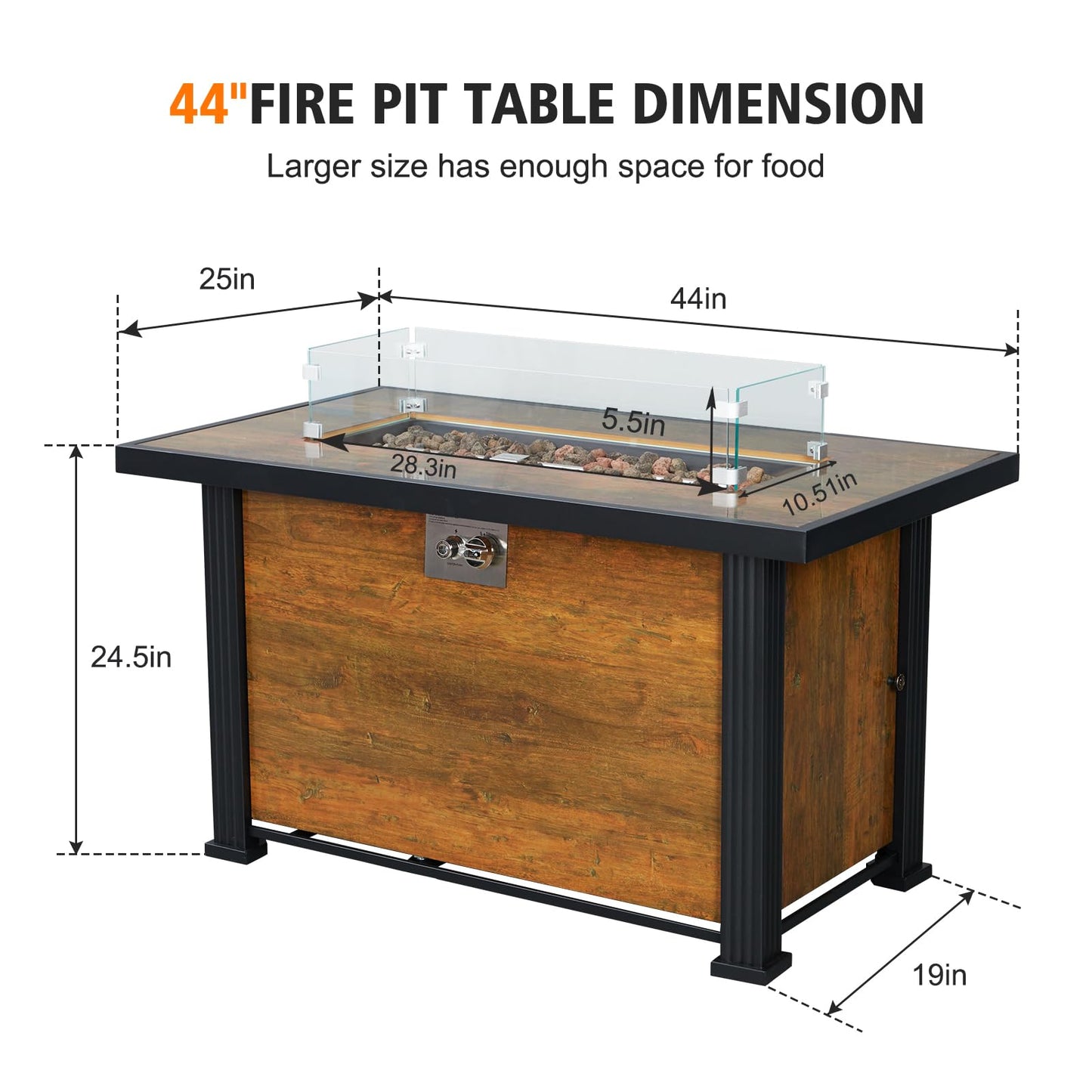 GarveeLife 44 in Gas Fire Pit Square Table, 50,000 BTU Propane Fire Table with Tempered Glass Wind Gaurd, Pulse Switch, Rain Cover, for Foolside, Lawn, Outside Garden, Thermal Transfer Woodgrain