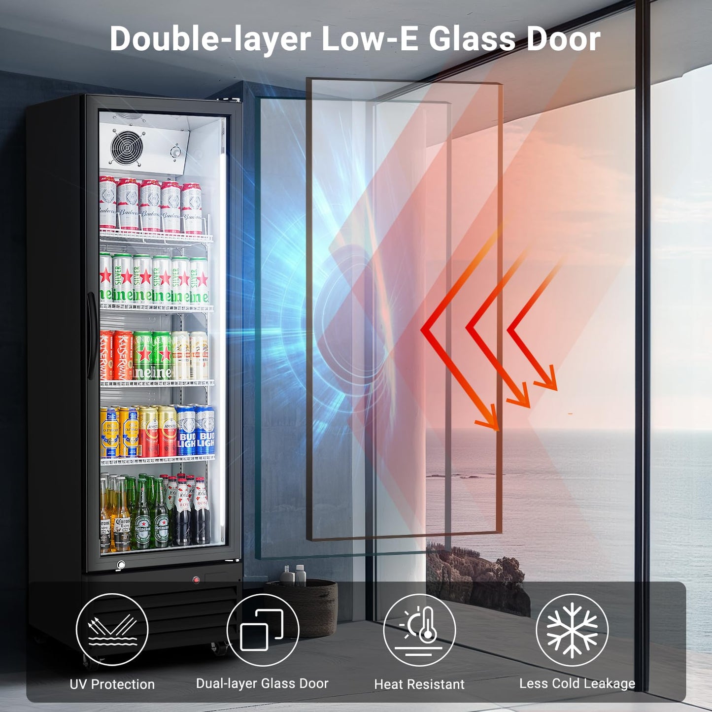 BODEGACOOLER Commercial Beverage Refrigerator with Glass Door,12.5 Cu.Ft Display Merchandiser Drink Refrigerator,Upright Commercial Bar Fridge,Display Drink Cooler,Soft LED Light,Romovable Shelves