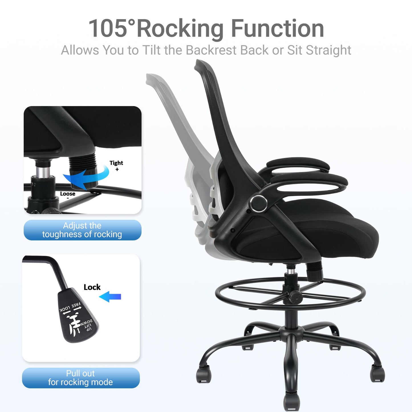 HYLONE 400lbs Big and Tall Heavy Duty Drafting Chair 5" Thickened Seat Tall Office Chair Flip-Up Armrests Ergonomic Chair with Lumbar Support and Adjustable Footrest Ring Standing Desk Chair (Black)